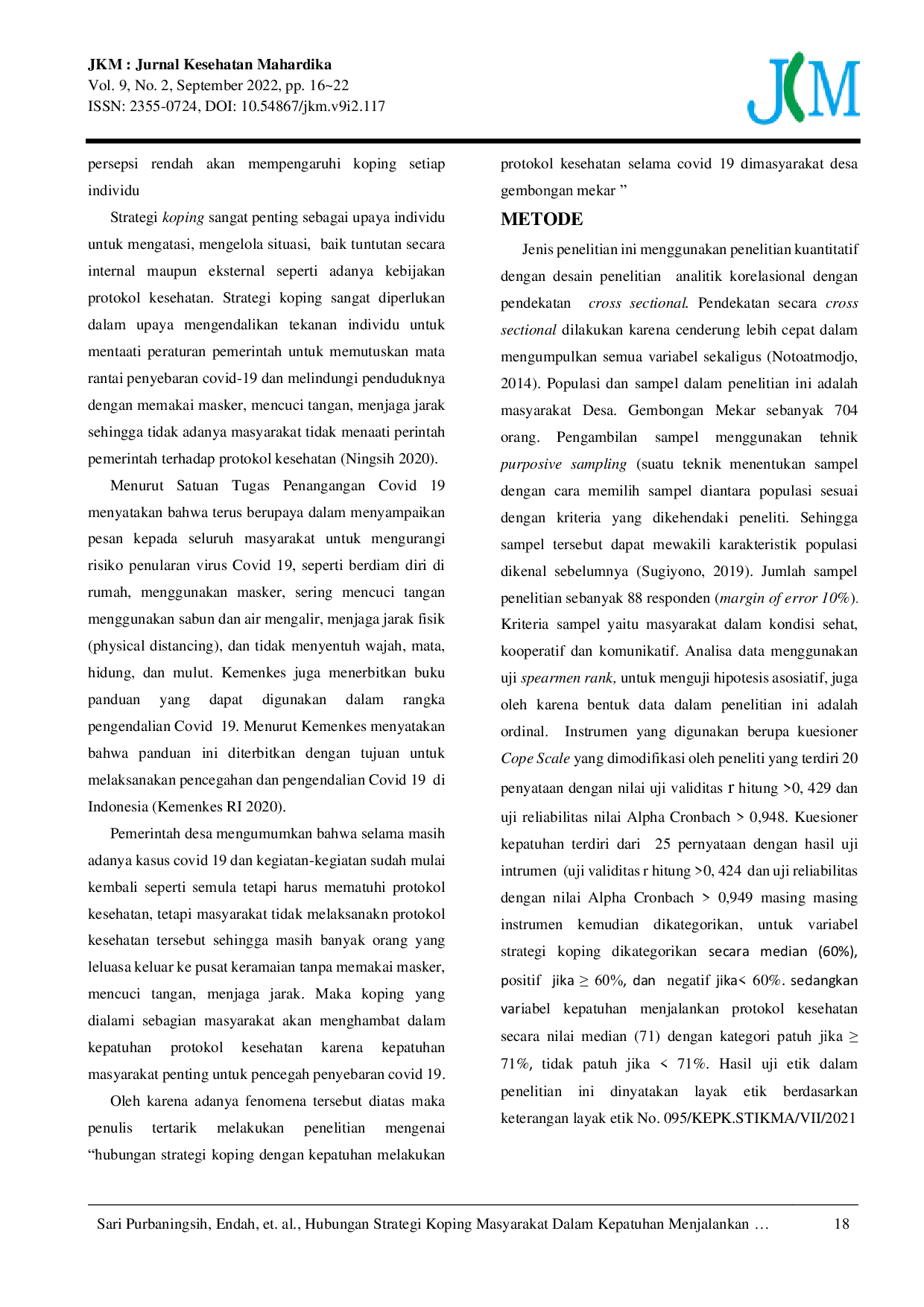 JURIS Strategi Koping Masyarakat Dalam Kepatuhan Menjalankan Protokol Kesehatan Selama Pandemi Covid 19