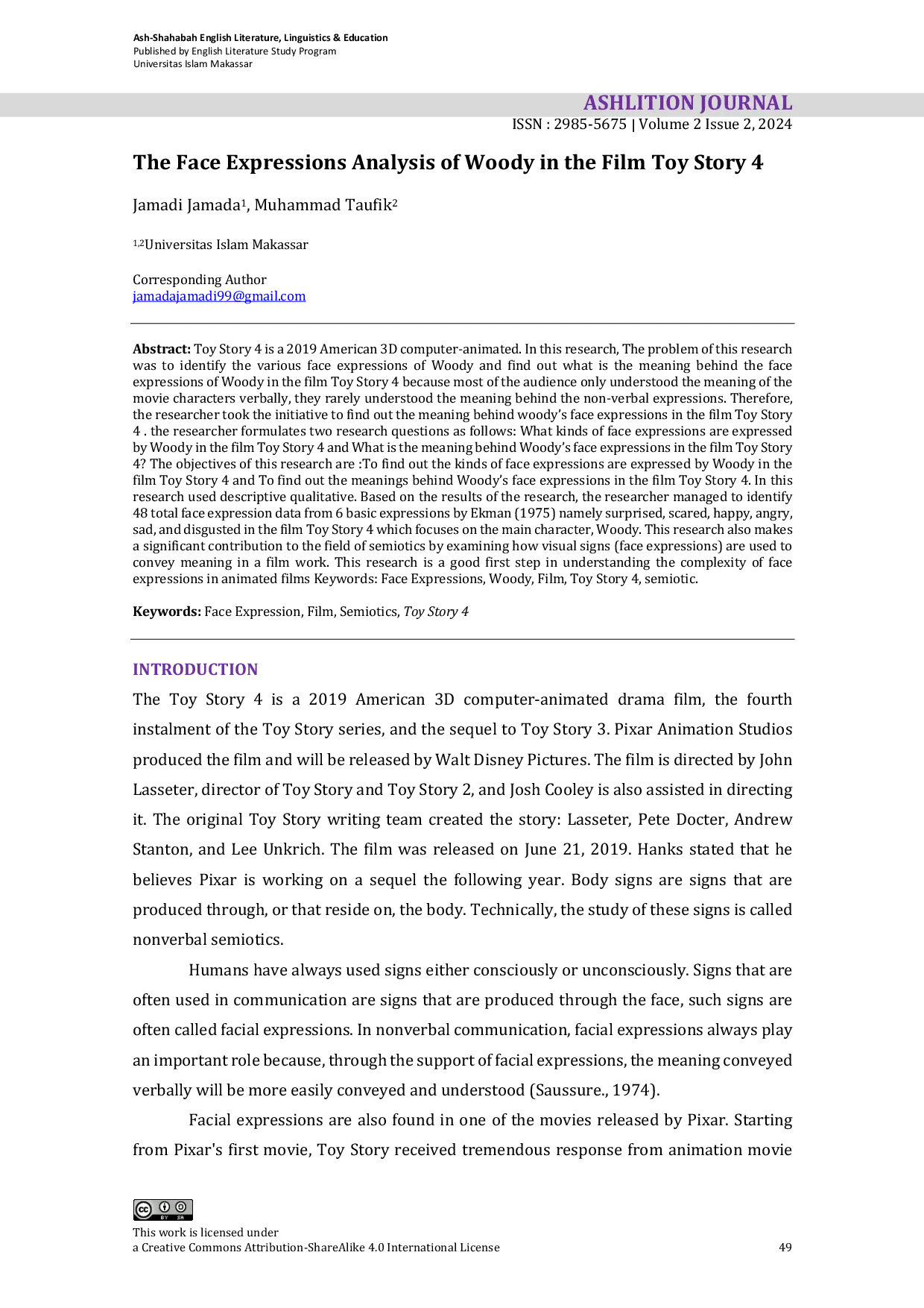 JURIS The Face Expressions Analysis of Woody in the Film Toy Story 4