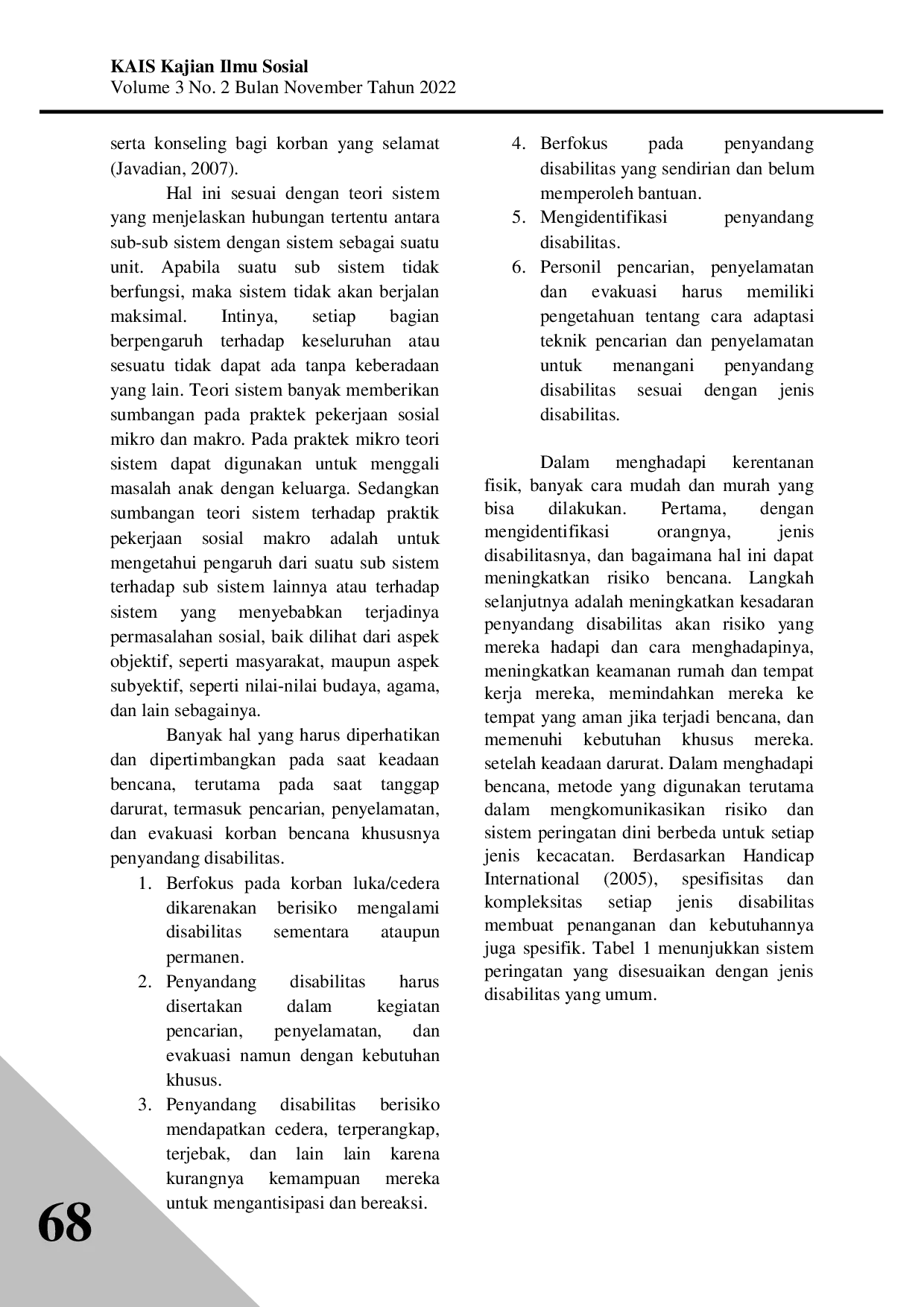 JURIS Peran Pekerja Sosial Dalam Memberikan Penanggulangan Bencana Alam Bagi Penyandang Disabilitas