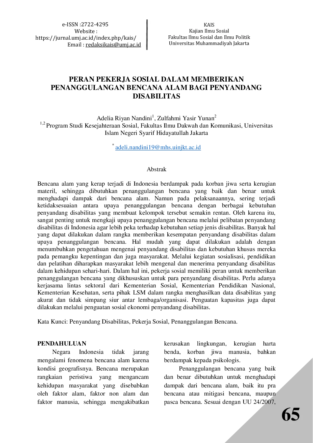 JURIS Peran Pekerja Sosial Dalam Memberikan Penanggulangan Bencana Alam Bagi Penyandang Disabilitas