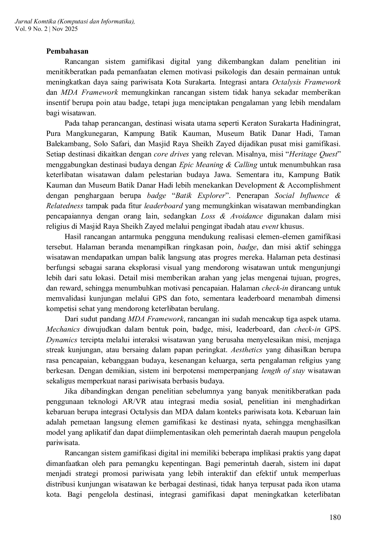 JURIS Desain Sistem Gamifikasi Digital Berbasis Octalysis dan MDA Framework untuk Promosi Pariwisata Kota Surakarta