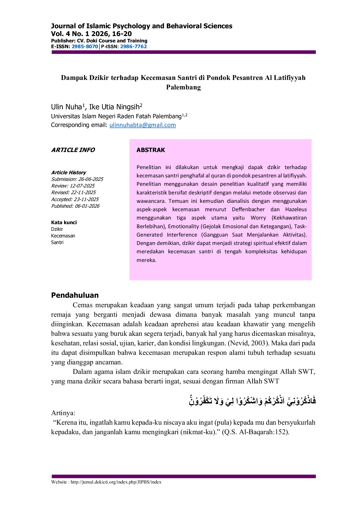 JURIS Dampak Dzikir terhadap Kecemasan Santri di Pondok Pesantren Al Latifiyyah Palembang