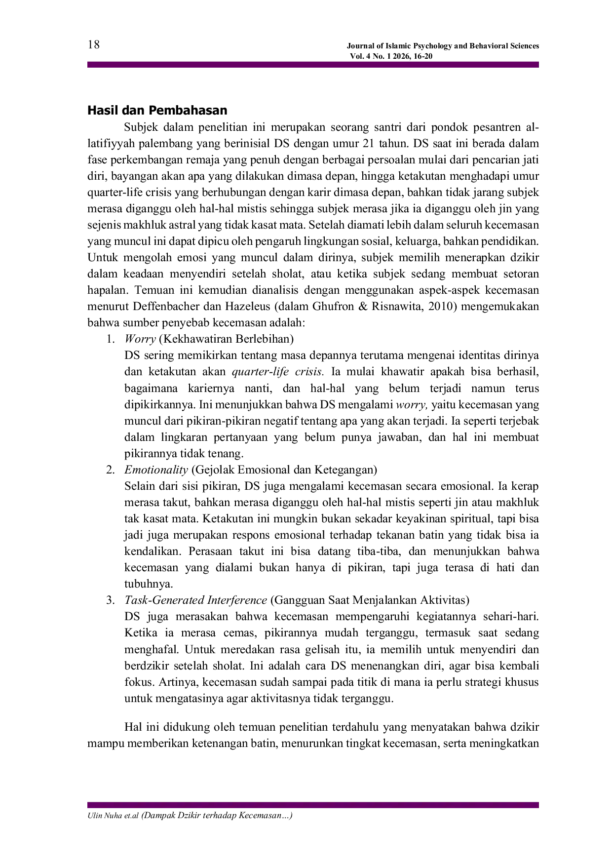 JURIS Dampak Dzikir terhadap Kecemasan Santri di Pondok Pesantren Al Latifiyyah Palembang