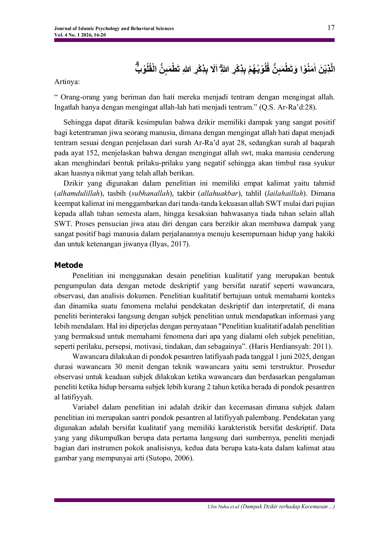 JURIS Dampak Dzikir terhadap Kecemasan Santri di Pondok Pesantren Al Latifiyyah Palembang