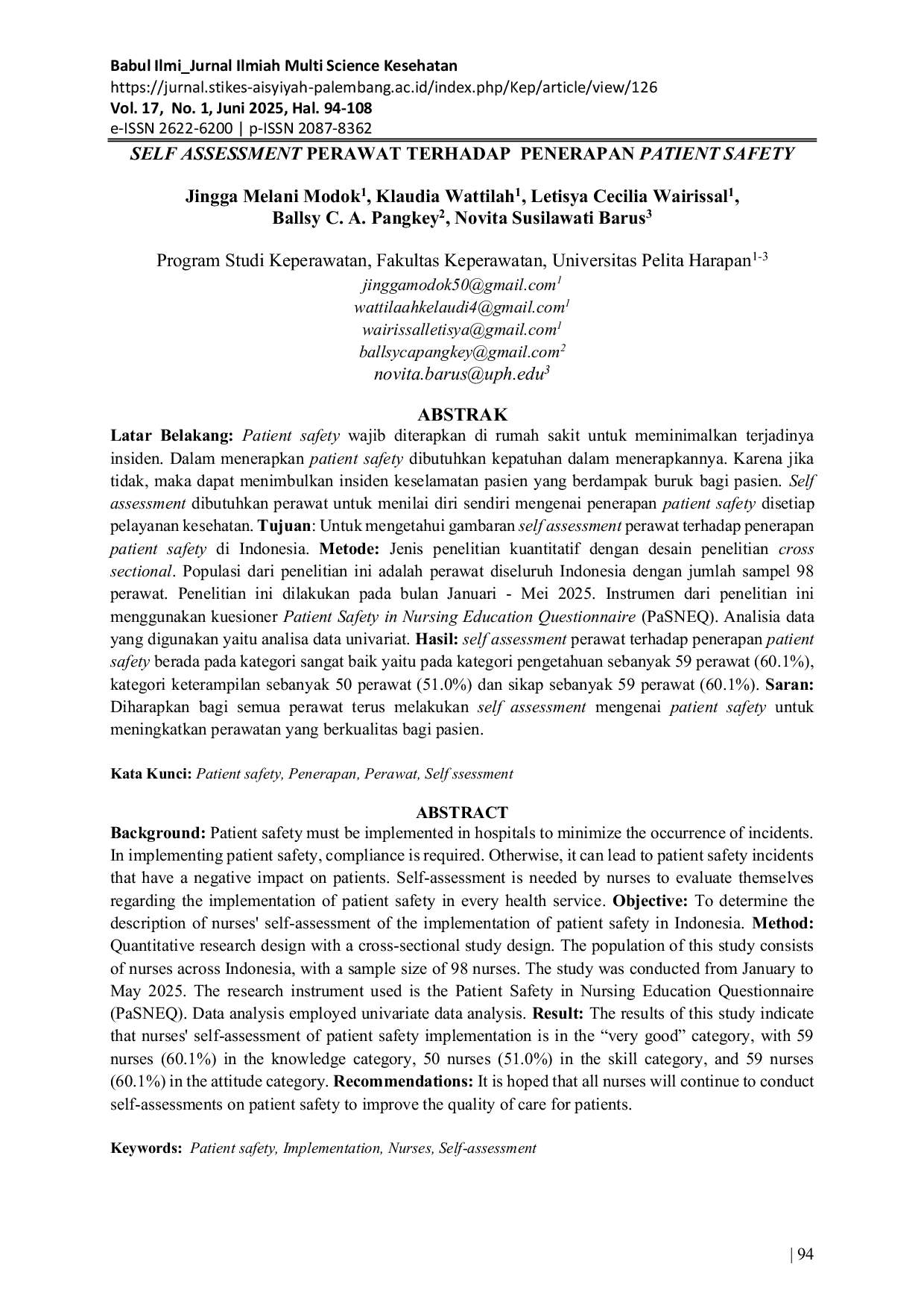 JURIS Self Assessment Perawat Terhadap Penerapan Patient Safety