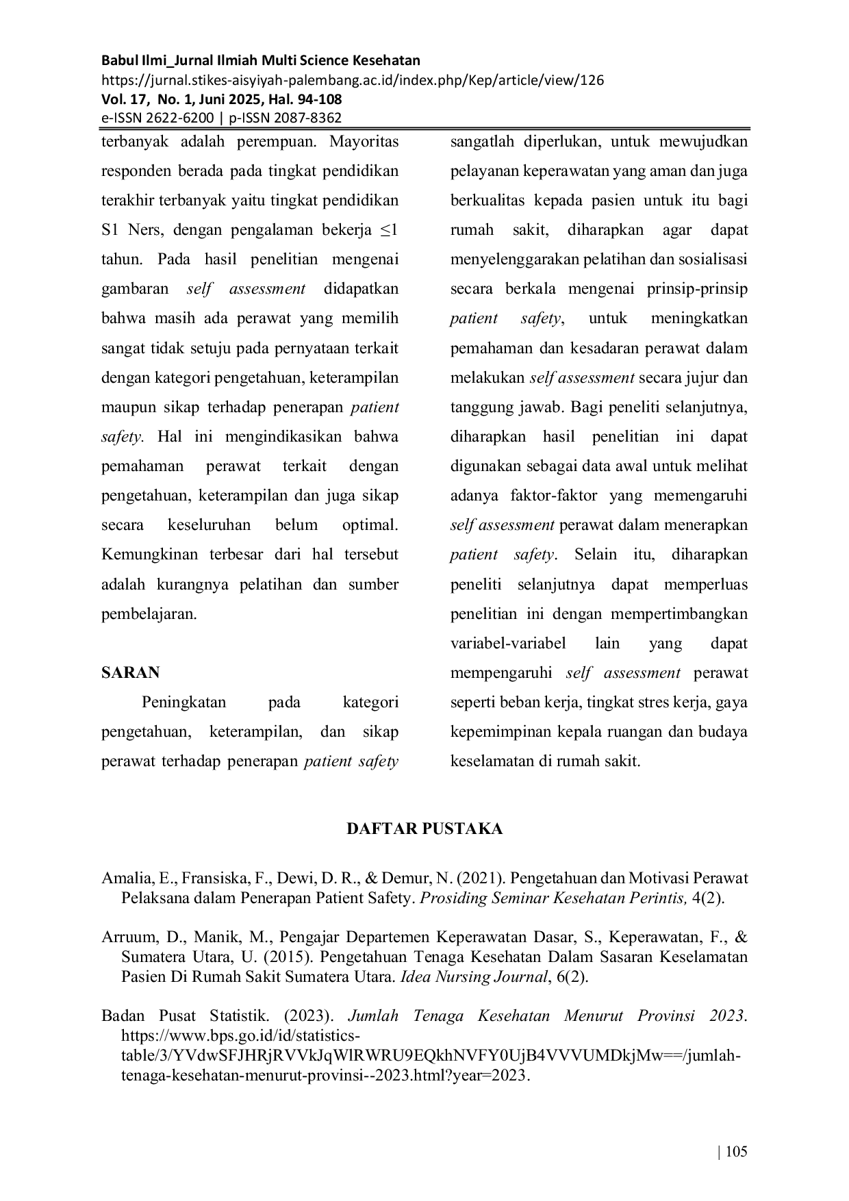 JURIS Self Assessment Perawat Terhadap Penerapan Patient Safety