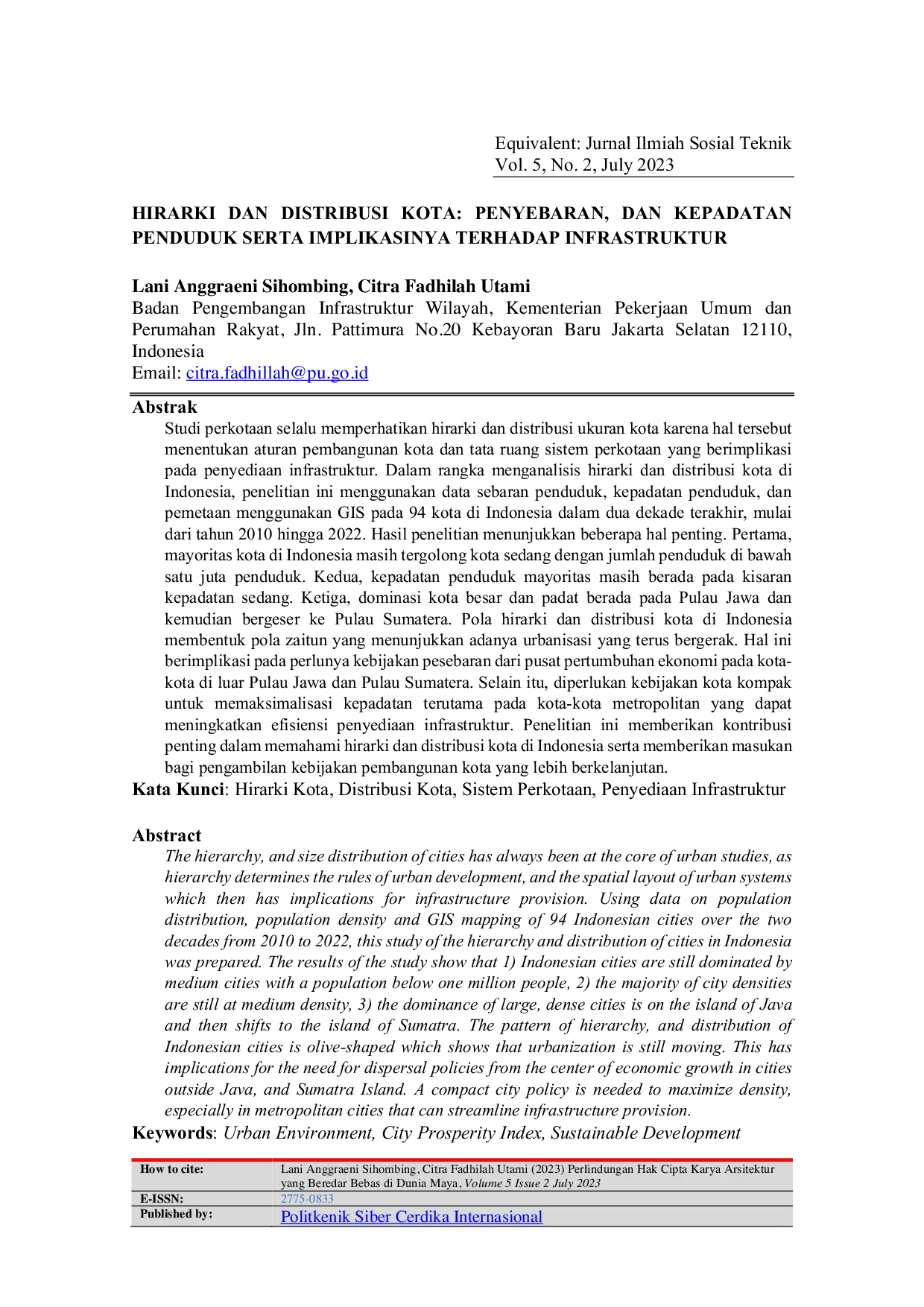 JURIS Hirarki dan Distribusi Kota Penyebaran dan Kepadatan Penduduk serta Implikasinya terhadap Infrastruktur
