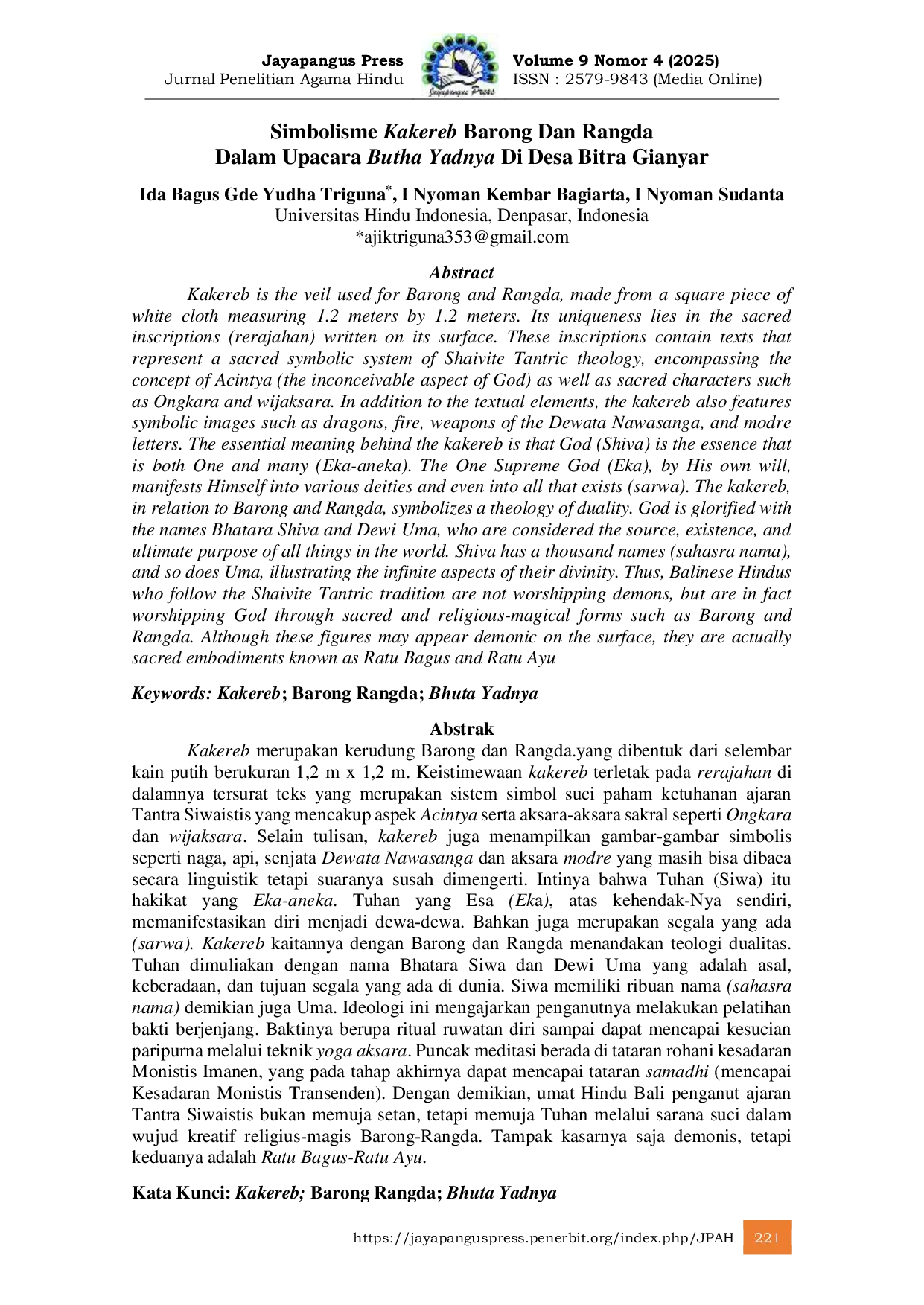 JURIS Simbolisme Kakereb Barong Dan Rangda Dalam Upacara Butha Yadnya Di Desa Bitra Gianyar