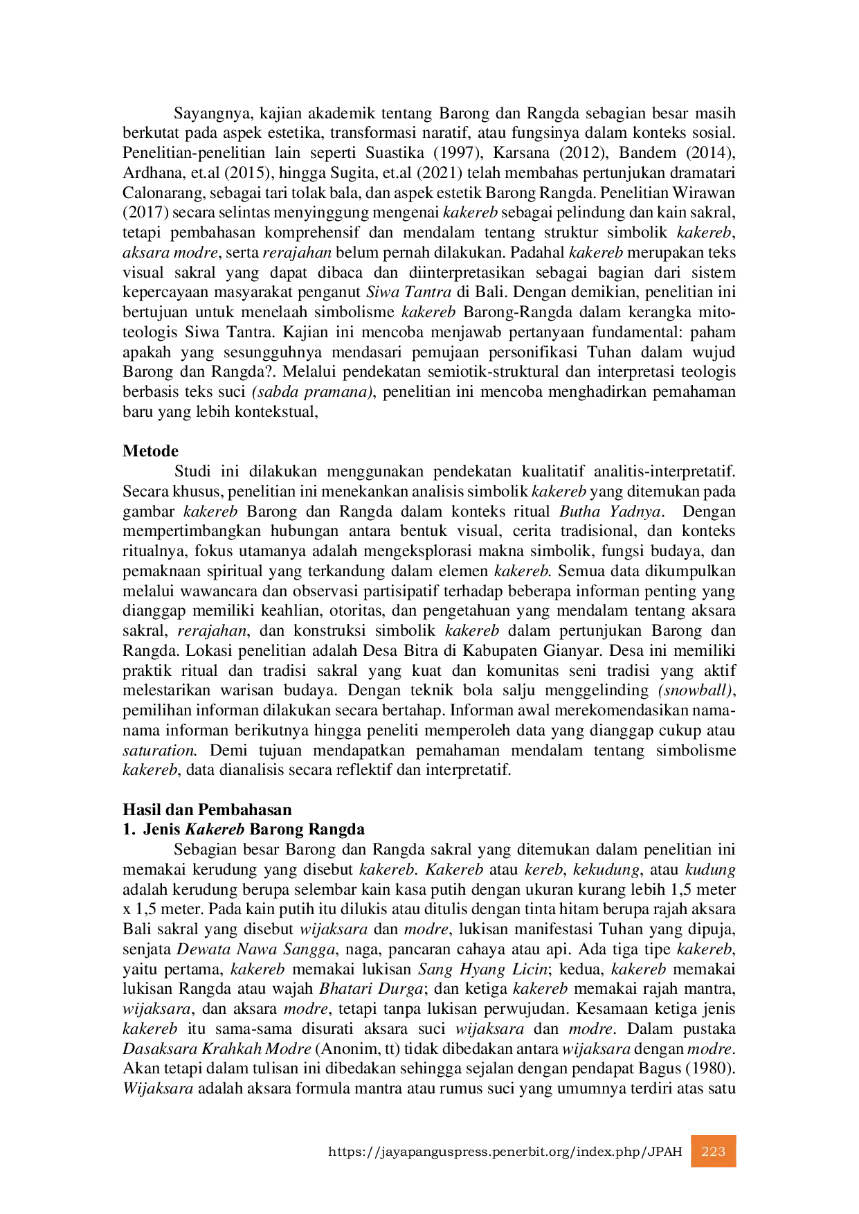 JURIS Simbolisme Kakereb Barong Dan Rangda Dalam Upacara Butha Yadnya Di Desa Bitra Gianyar