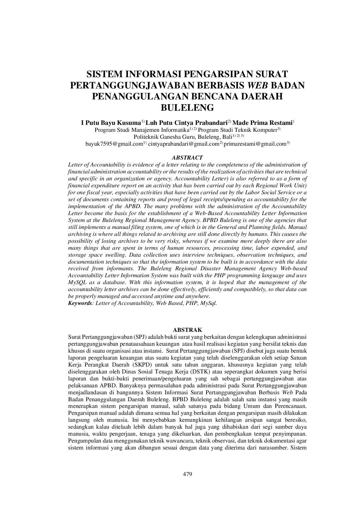 JURIS SISTEM INFORMASI PENGARSIPAN SURAT PERTANGGUNGJAWABAN BERBASIS WEB BADAN PENANGGULANGAN BENCANA DAERAH BULELENG