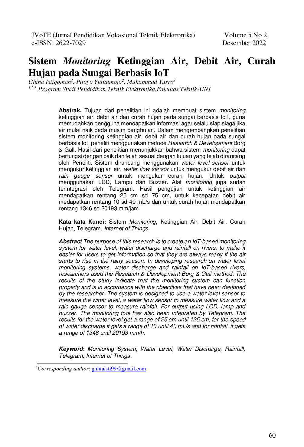 JURIS Sistem Monitoring Ketinggian Air Debit Air Curah Hujan pada Sungai Berbasis IoT