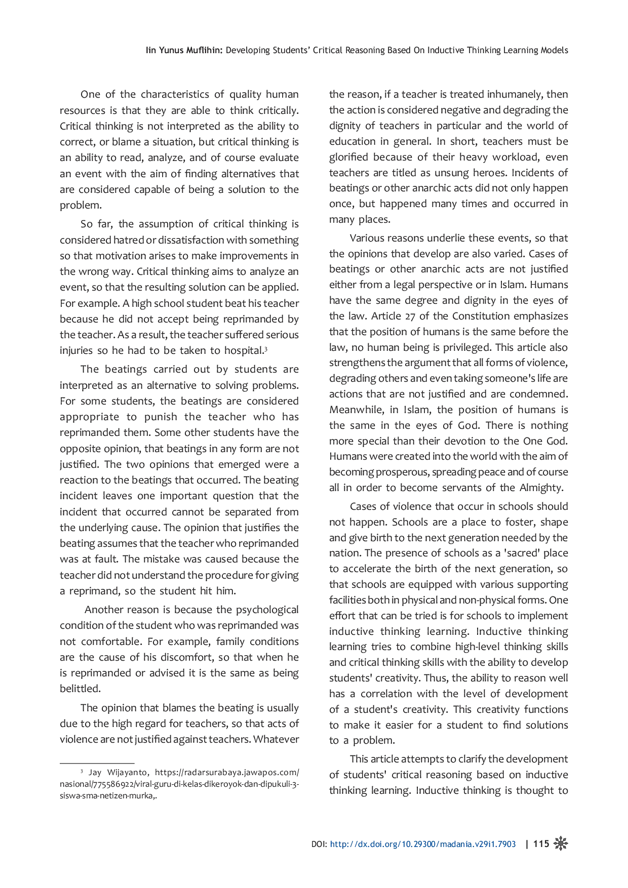 JURIS Developing Students Critical Reasoning Based on Inductive Thinking Learning Models
