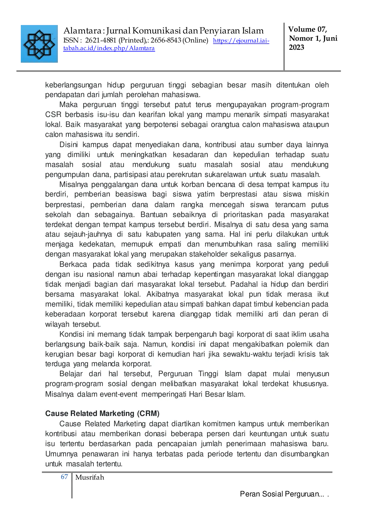JURIS Peran Sosial Perguruan Tinggi Islam dalam Program Campus Social Responsibility
