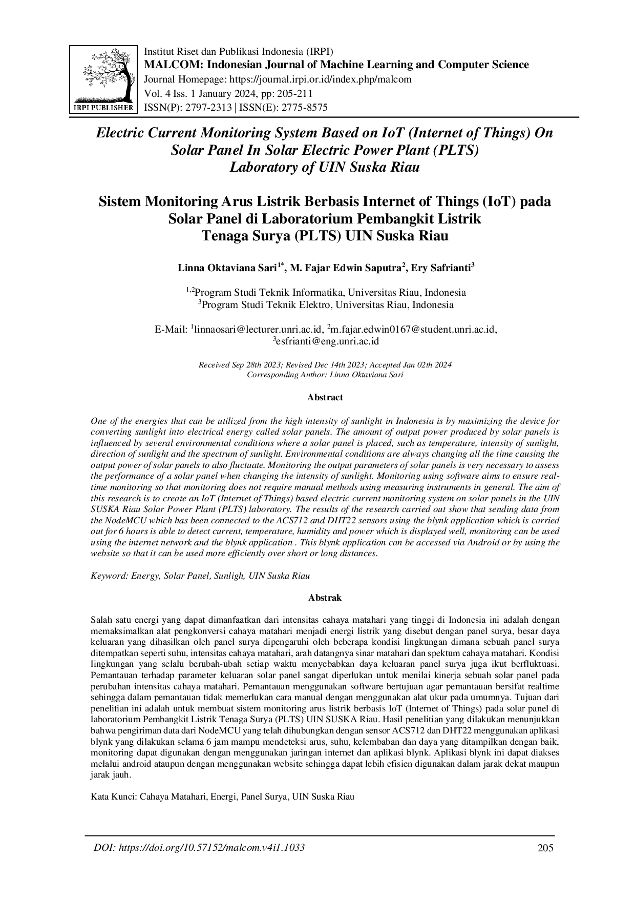 juris Sistem Monitoring Arus Listrik Berbasis Internet of Things IoT pada Solar Panel di Laboratorium Pembangkit Listrik Tenaga Surya PLTS UIN Suska Riau