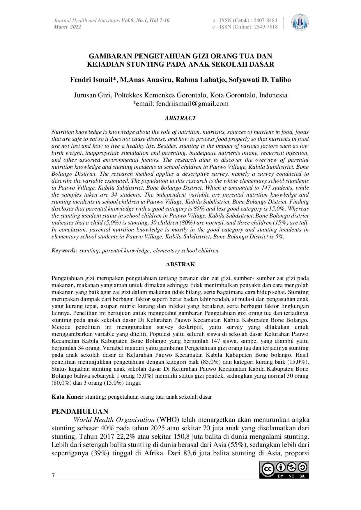 JURIS Gambaran Pengetahuan Gizi Orang Tua Dan Kejadian Stunting Pada Anak Sekolah Dasar