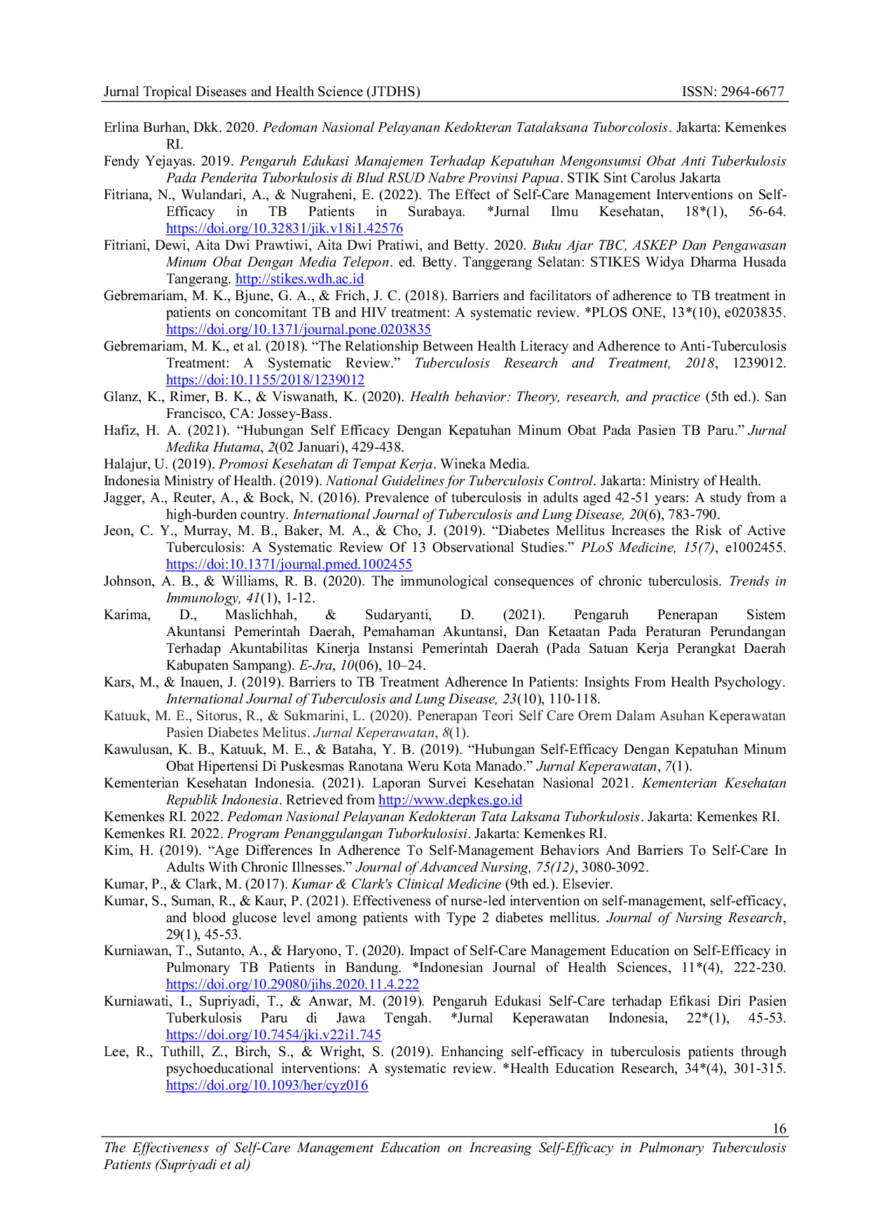 JURIS The Effectiveness of Self Care Management Education on Increasing Self Efficacy in Pulmonary Tuberculosis Patients