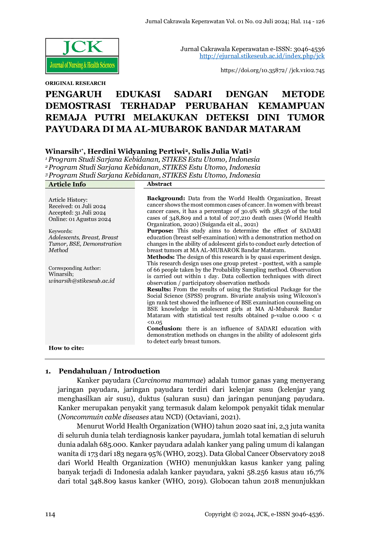 JURIS Pengaruh Edukasi Sadari Dengan Metode Demonstrasi Terhadap Perubahan Kemampuan Remaja Putri Melakukan Deteksi Dini Tumor Payudara Di Ma Al Mubarok Bandar Mataram
