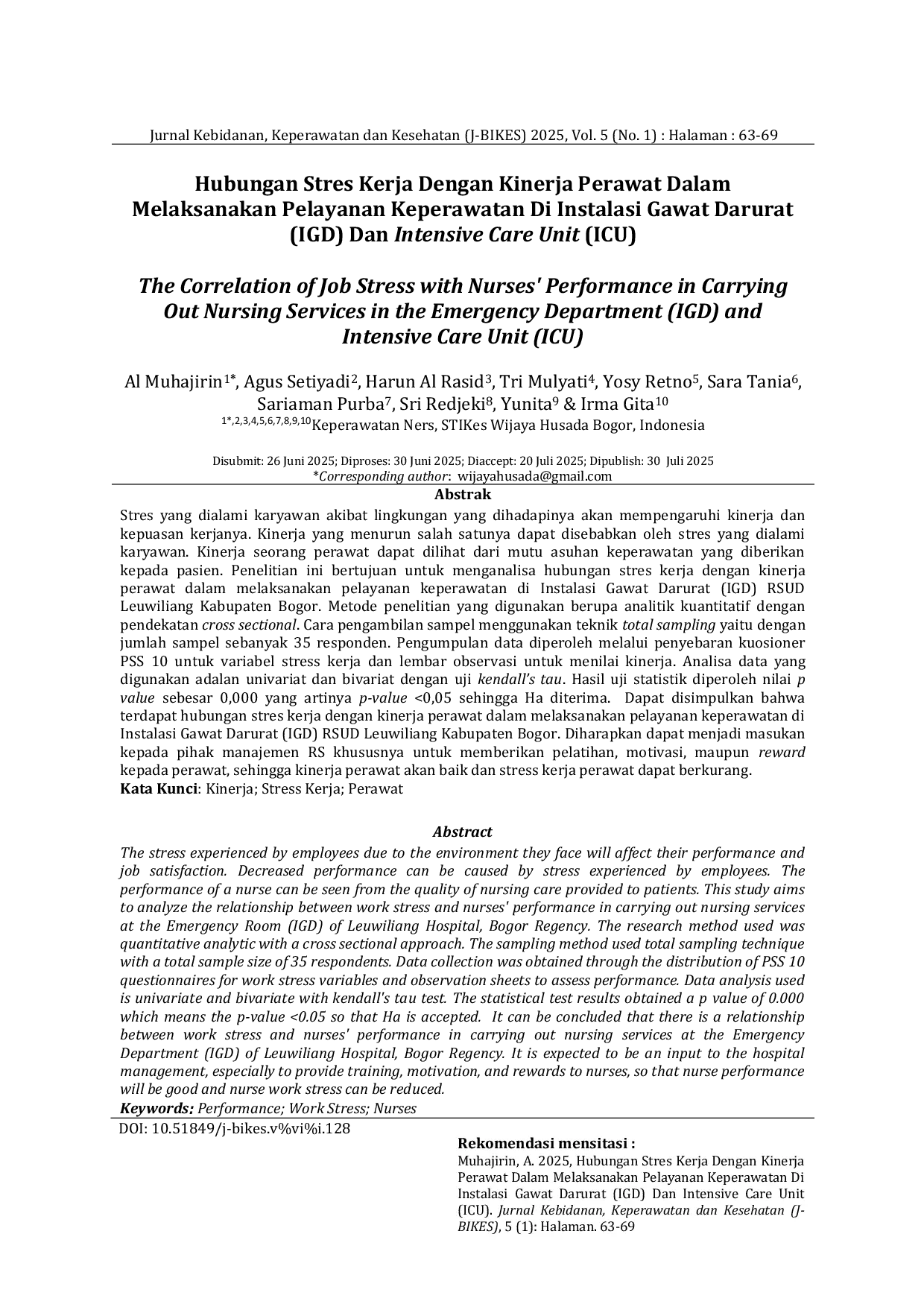 JURIS Hubungan Stres Kerja Dengan Kinerja Perawat Dalam Melaksanakan Pelayanan Keperawatan Di Instalasi Gawat Darurat IGD Dan Intensive Care Unit ICU