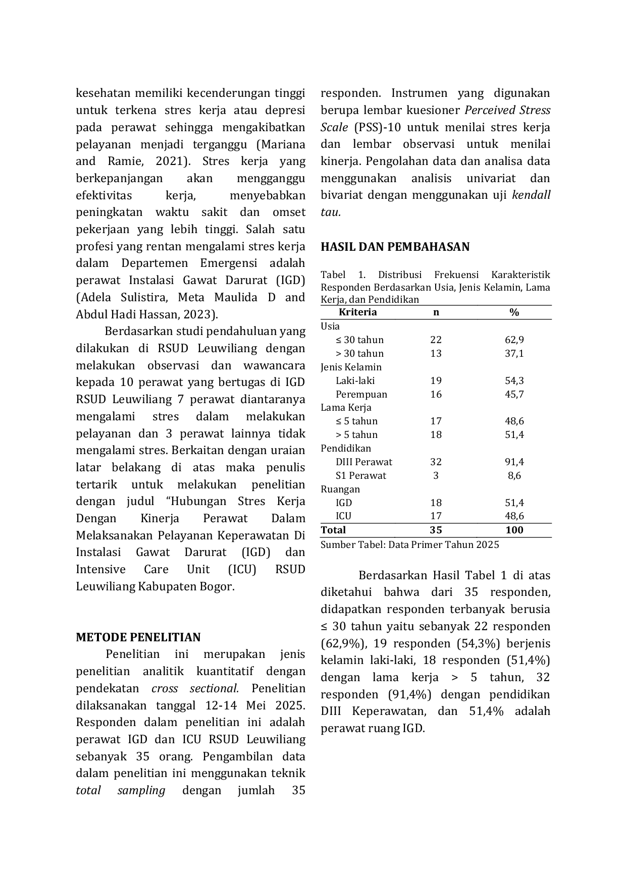 JURIS Hubungan Stres Kerja Dengan Kinerja Perawat Dalam Melaksanakan Pelayanan Keperawatan Di Instalasi Gawat Darurat IGD Dan Intensive Care Unit ICU