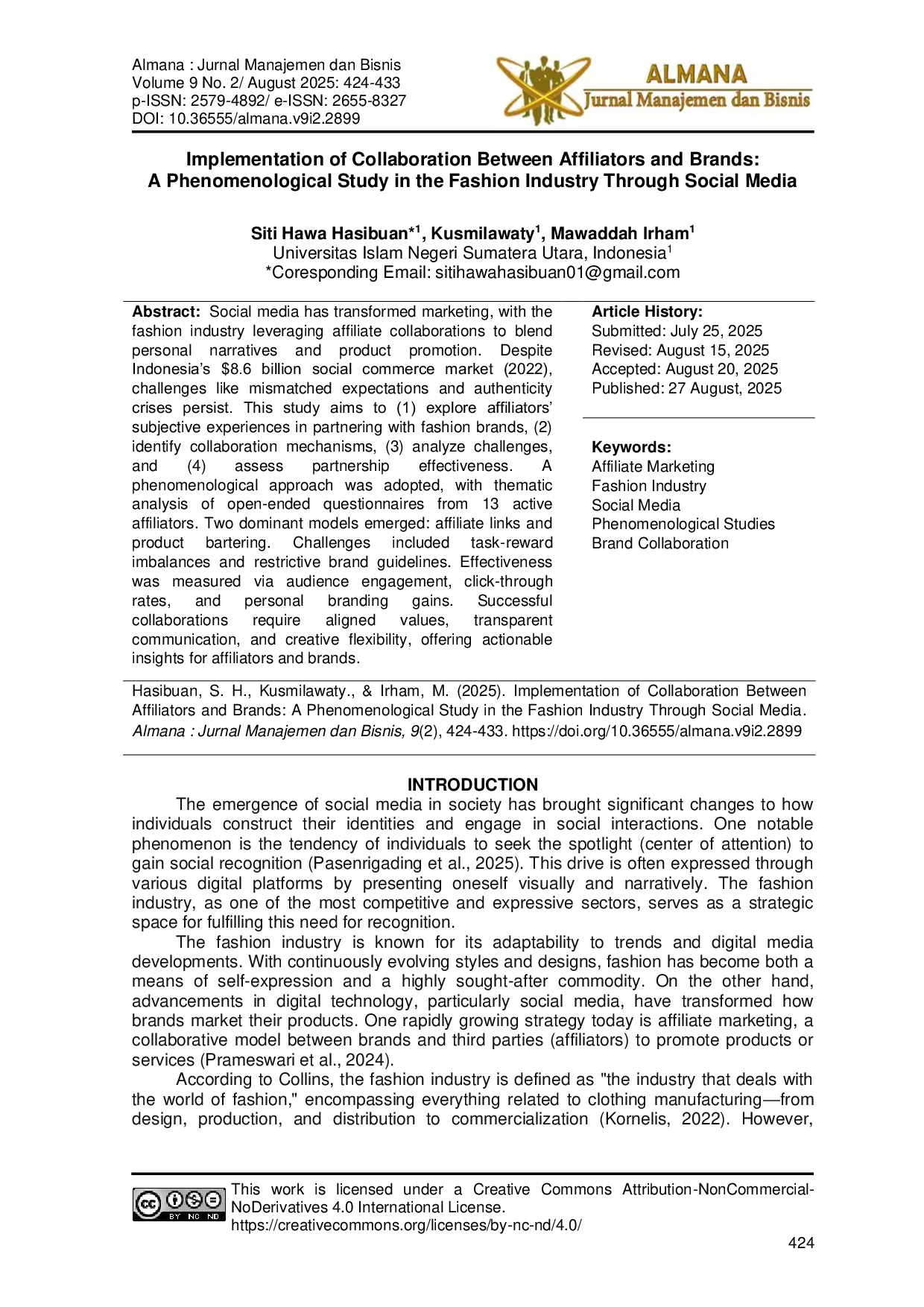 JURIS Implementation of Collaboration Between Affiliators and Brands A Phenomenological Study in the Fashion Industry Through Social Media