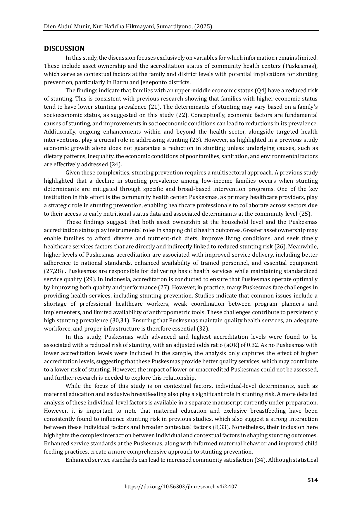 JURIS Puskesmas Accreditation Status And Asset Ownership Potentially Lowering Stunting Multilevel Analysis In Jeneponto and Barru Districts South Sulawesi
