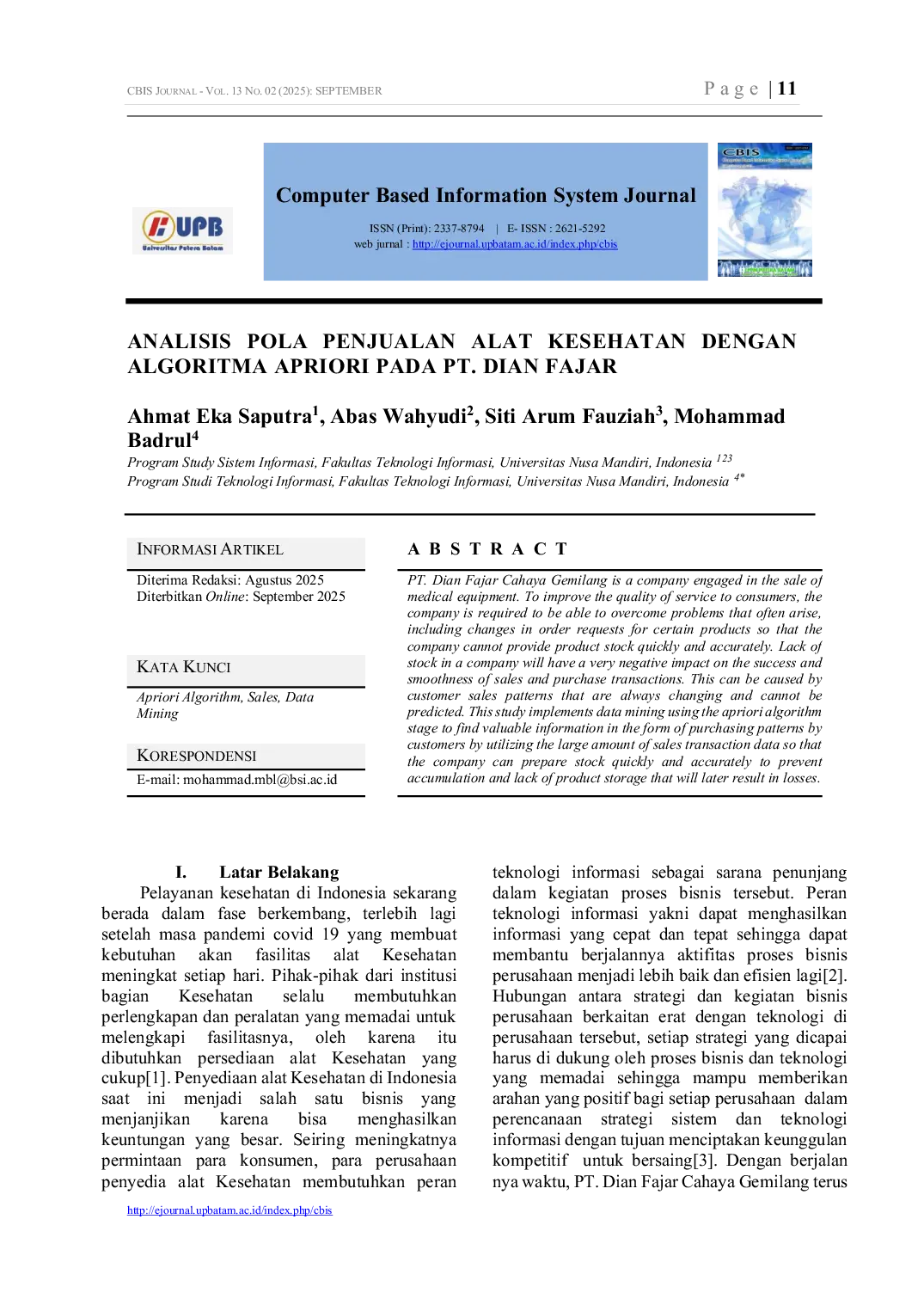 JURIS Analisis Pola Penjualan Alat Kesehatan Dengan Algoritma Apriori Pada Pt Dian Fajar