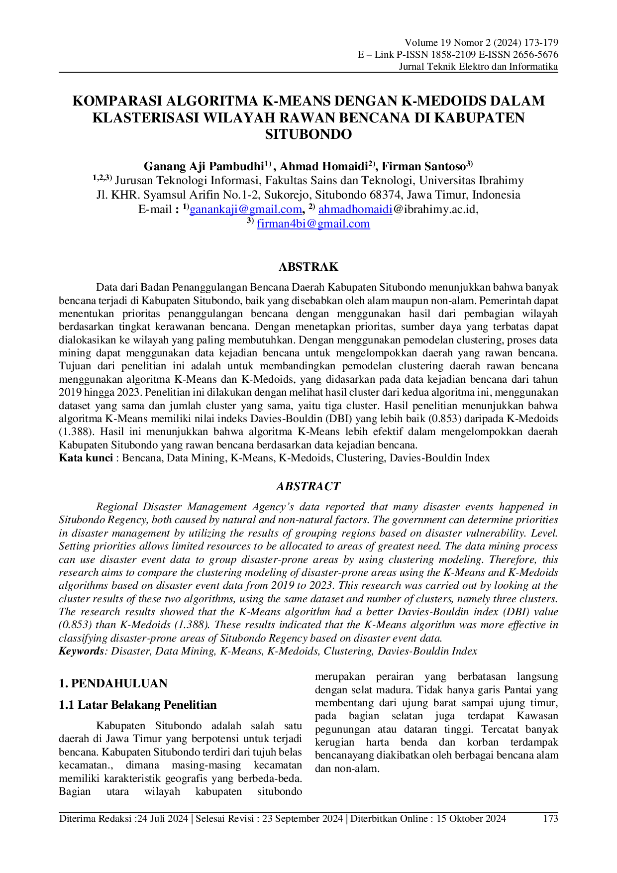 JURIS Komparasi Algoritma K Means dengan K Medoids dalam Klasterisasi Wilayah Rawan Bencana di Kabupaten Situbondo