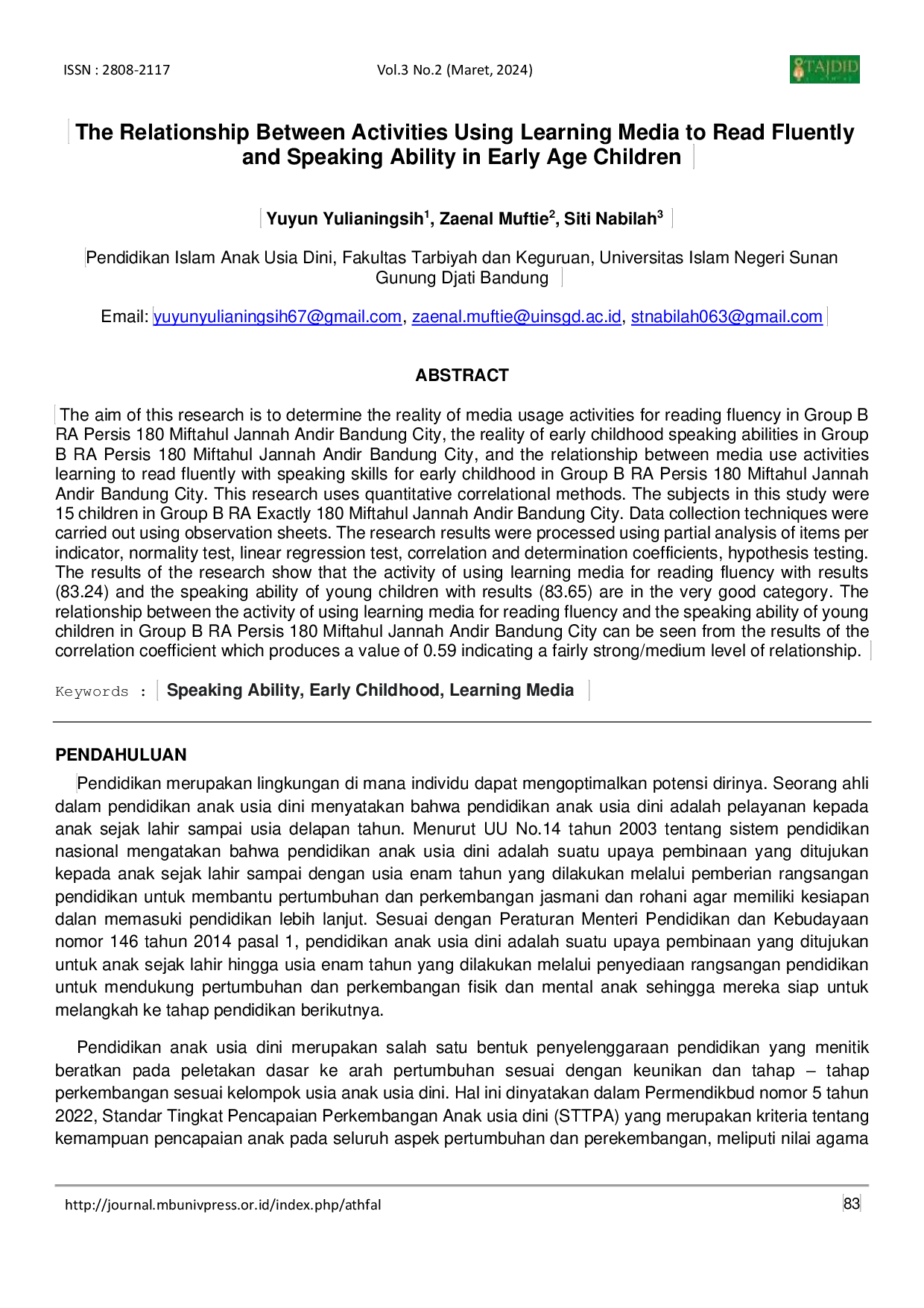 JURIS The Relationship Between Activities Using Learning Media to Read Fluently and Speaking Ability in Early Age Children