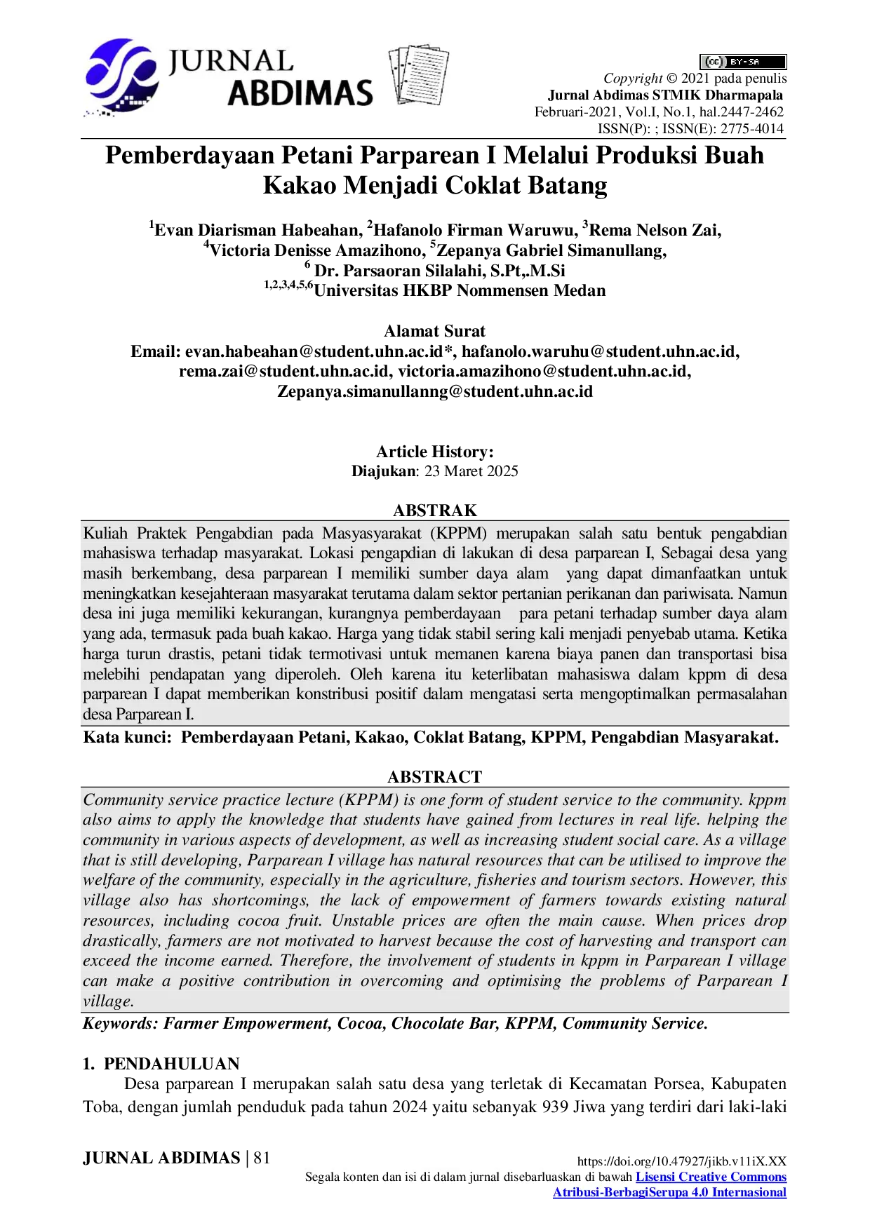 JURIS Pemberdayaan Petani Parparean I Melalui Produksi Buah Kakao Menjadi Coklat Batang