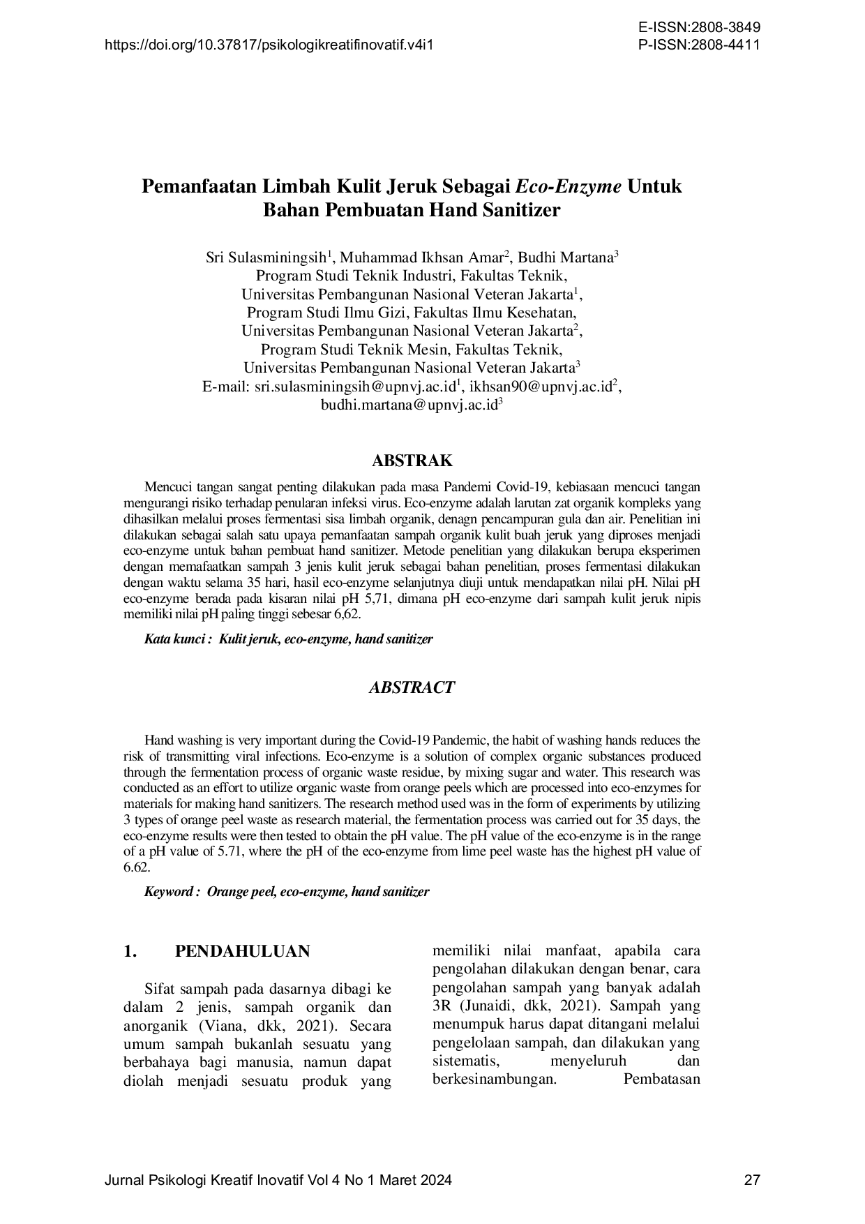 JURIS Pemanfaatan Limbah Kulit Jeruk Sebagai Eco Enzyme Untuk Bahan Pembuatan Hand Sanitizer