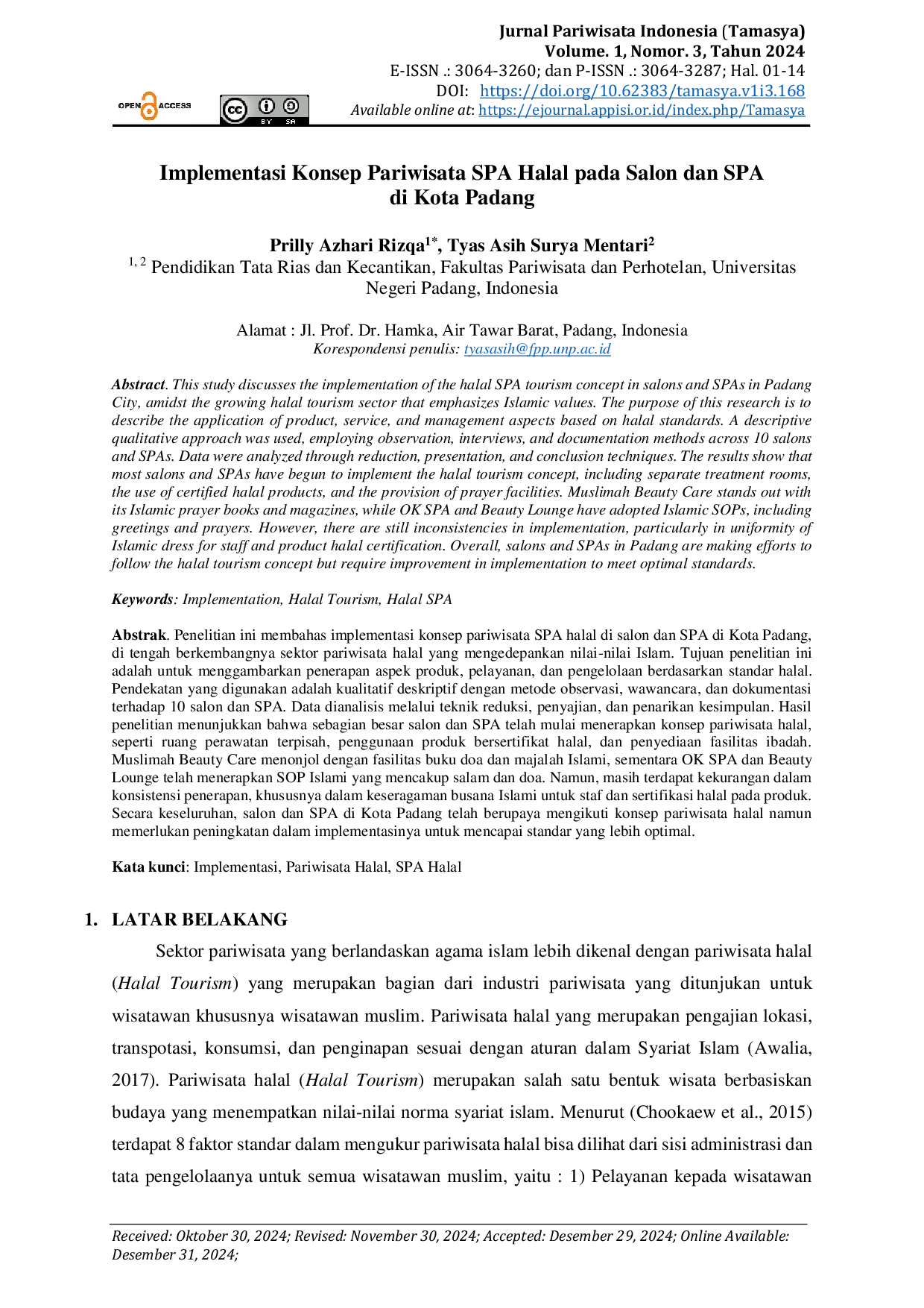 JURIS Implementasi Konsep Pariwisata SPA Halal pada Salon dan SPA di Kota Padang