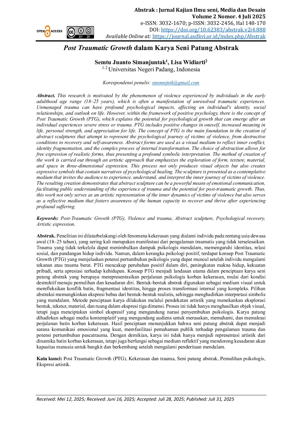 JURIS Post Traumatic Growth dalam Karya Seni Patung Abstrak