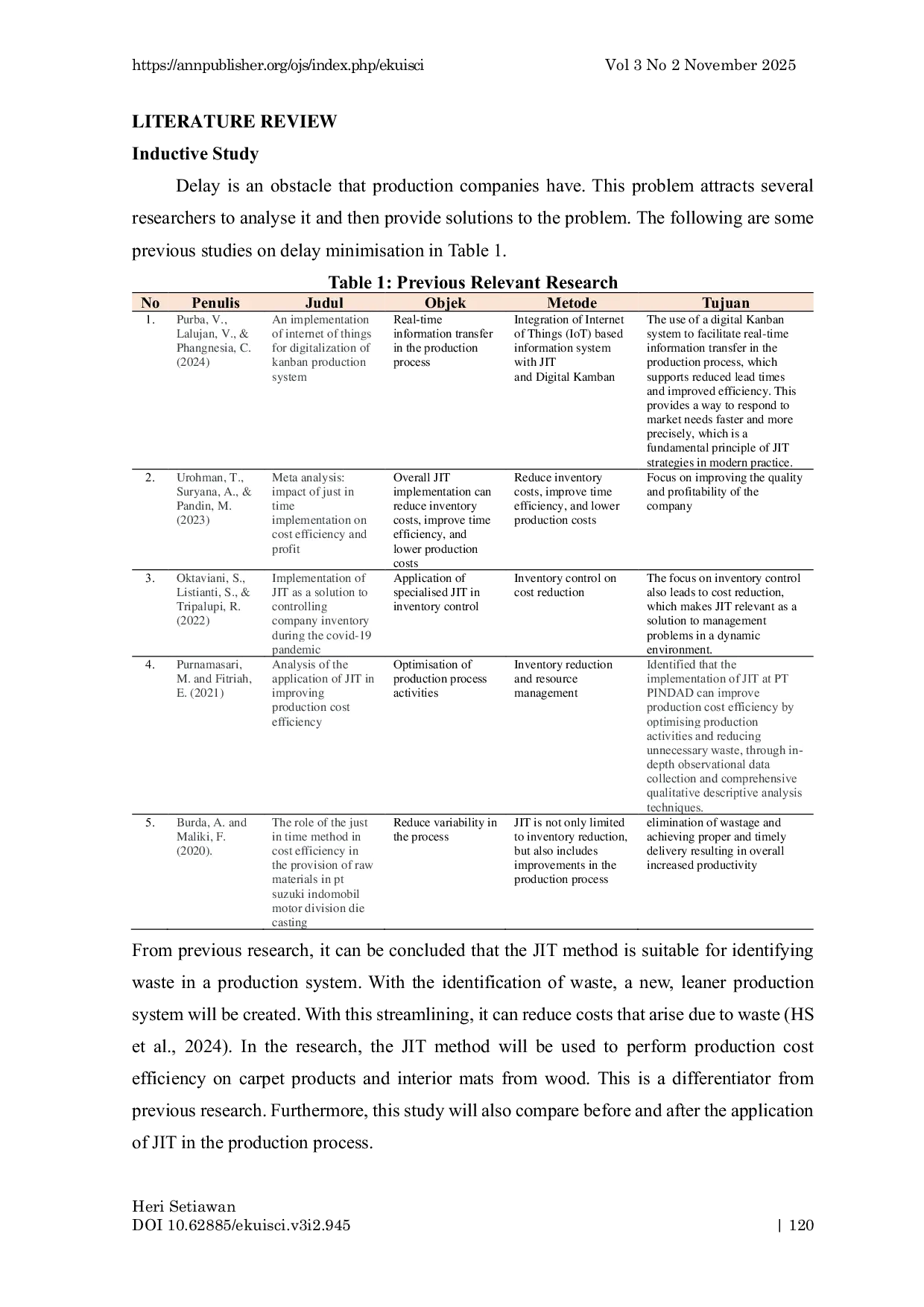 JURIS Just In Time JIT Based Manufacturing Innovation for Production Cost Efficiency Empirical Analysis at CV Natural