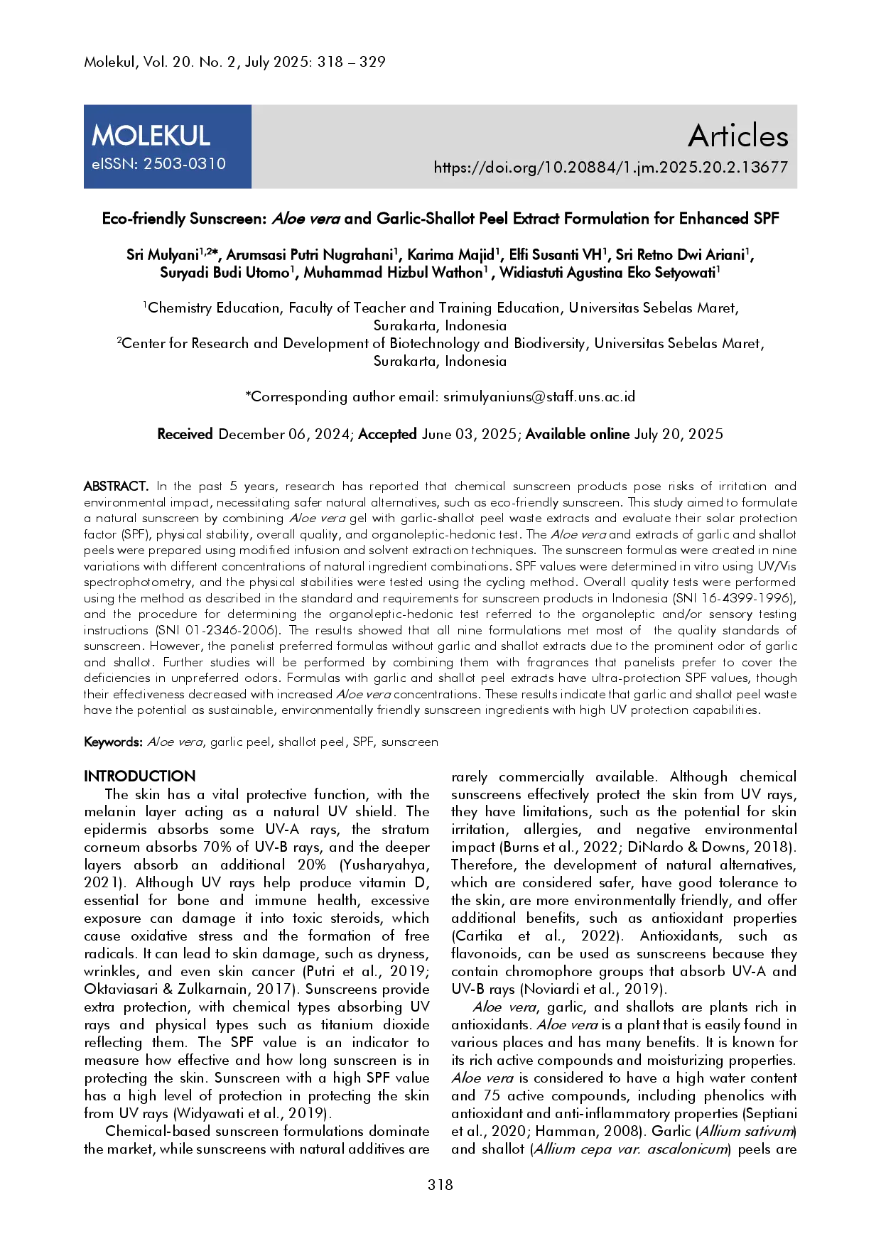 juris Eco friendly Sunscreen Aloe vera and Garlic Shallot Peel Extract Formulation for Enhanced SPF