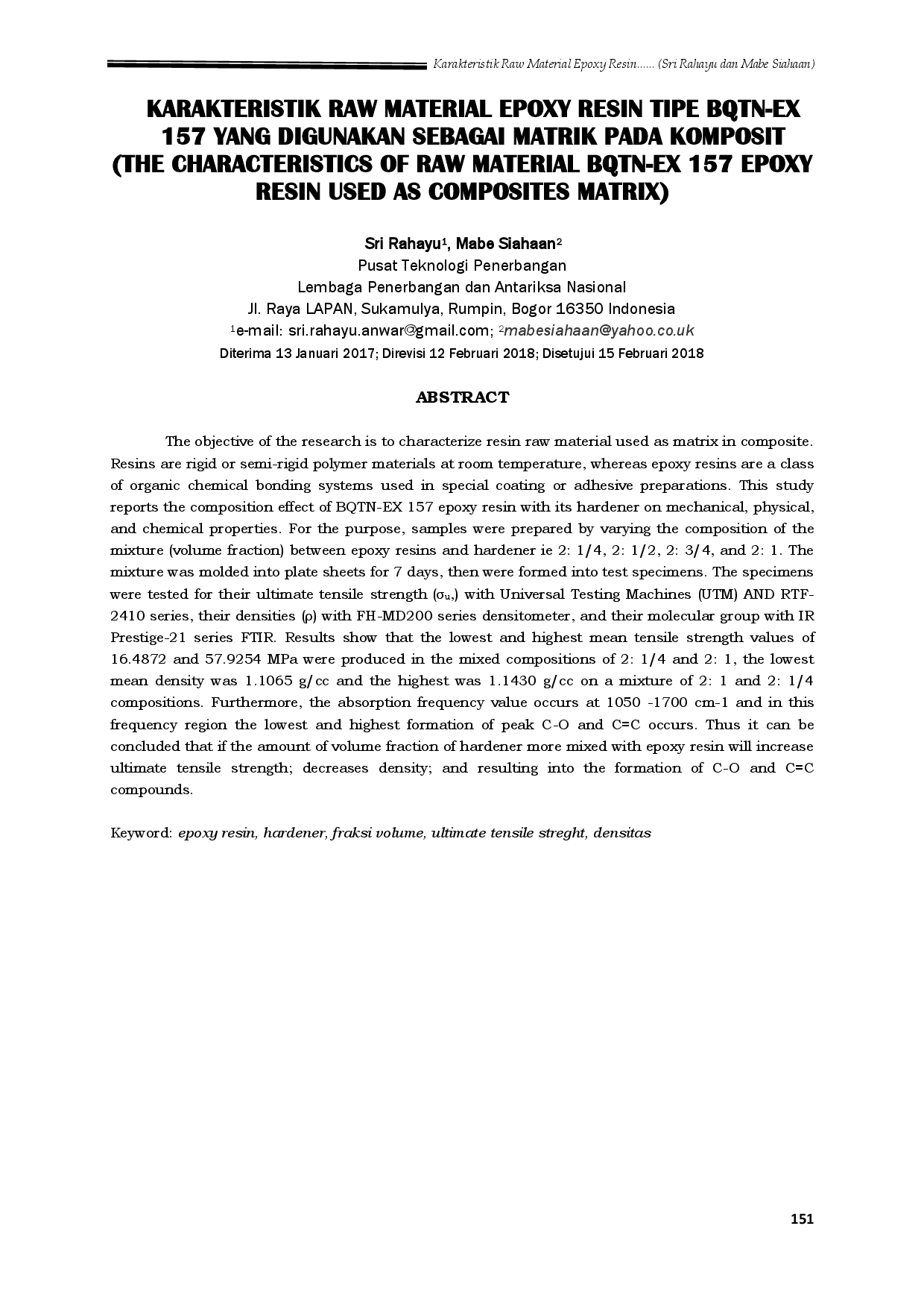 juris Karakteristik Raw Material Epoxy Resin Tipe Bqtn Ex 157 Yang Digunakan Sebagai Matrik Pada Komposit