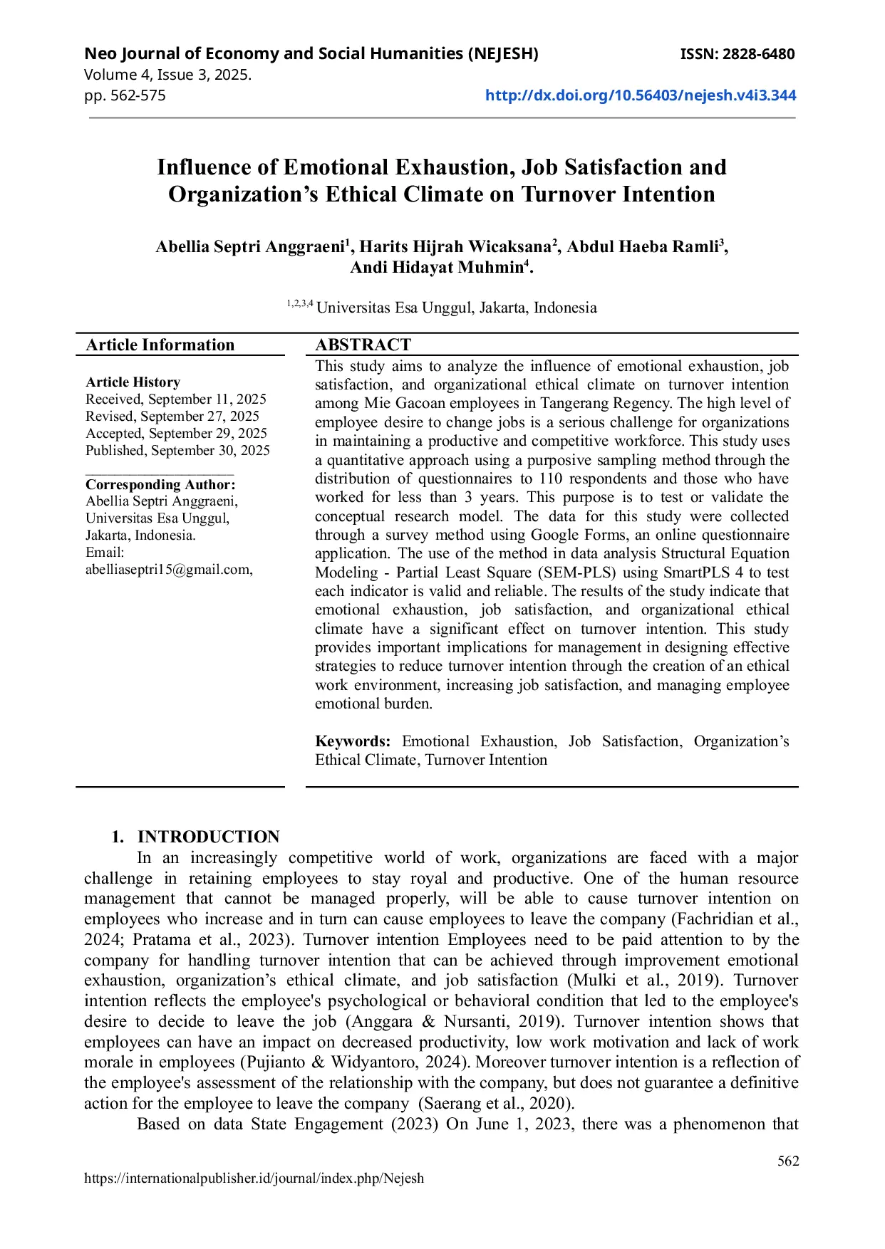 JURIS Pengaruh Kelelahan Emosional Kepuasan Kerja dan Iklim Etika Organisasi terhadap Niat Keluar Pekerjaan