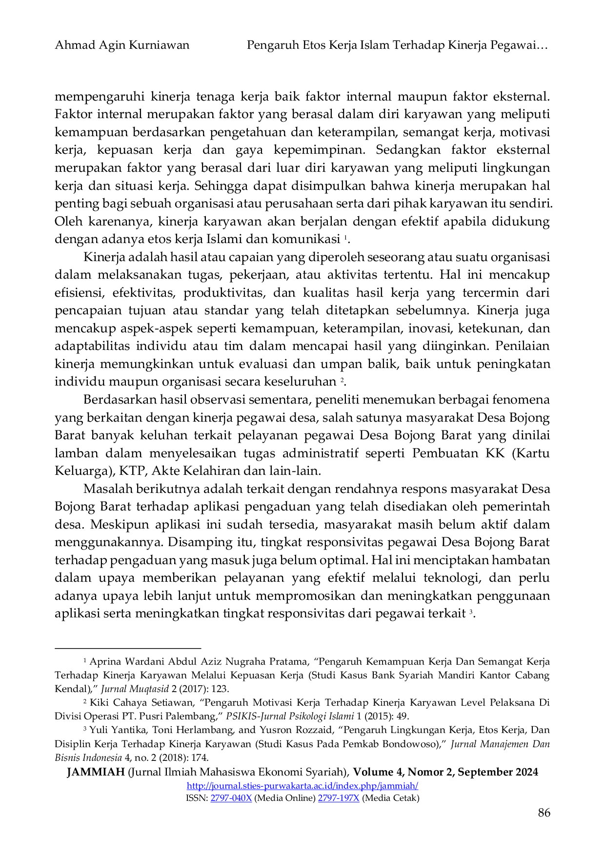 JURIS Pengaruh Etos Kerja Islam Terhadap Kinerja Pegawai Desa Bojong Barat Purwakarta