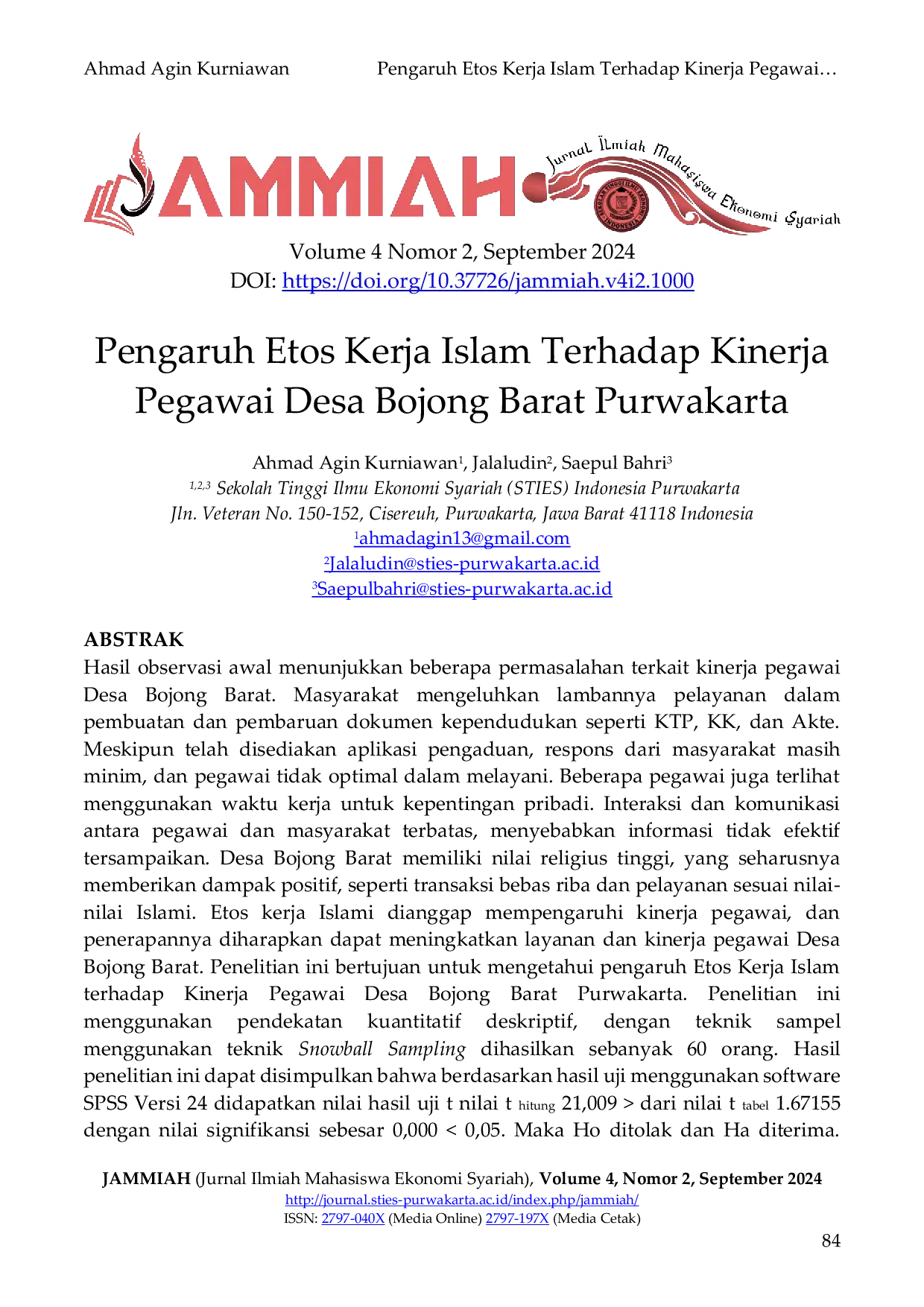 JURIS Pengaruh Etos Kerja Islam Terhadap Kinerja Pegawai Desa Bojong Barat Purwakarta