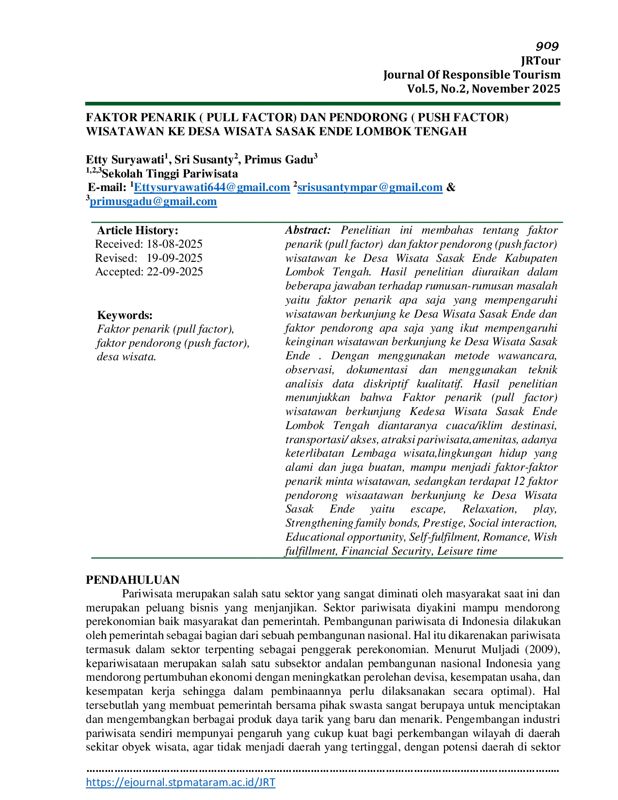 JURIS Faktor Penarik Pull Factor dan Pendorong Push Factor Wisatawan ke Desa Wisata Sasak Ende Lombok Tengah