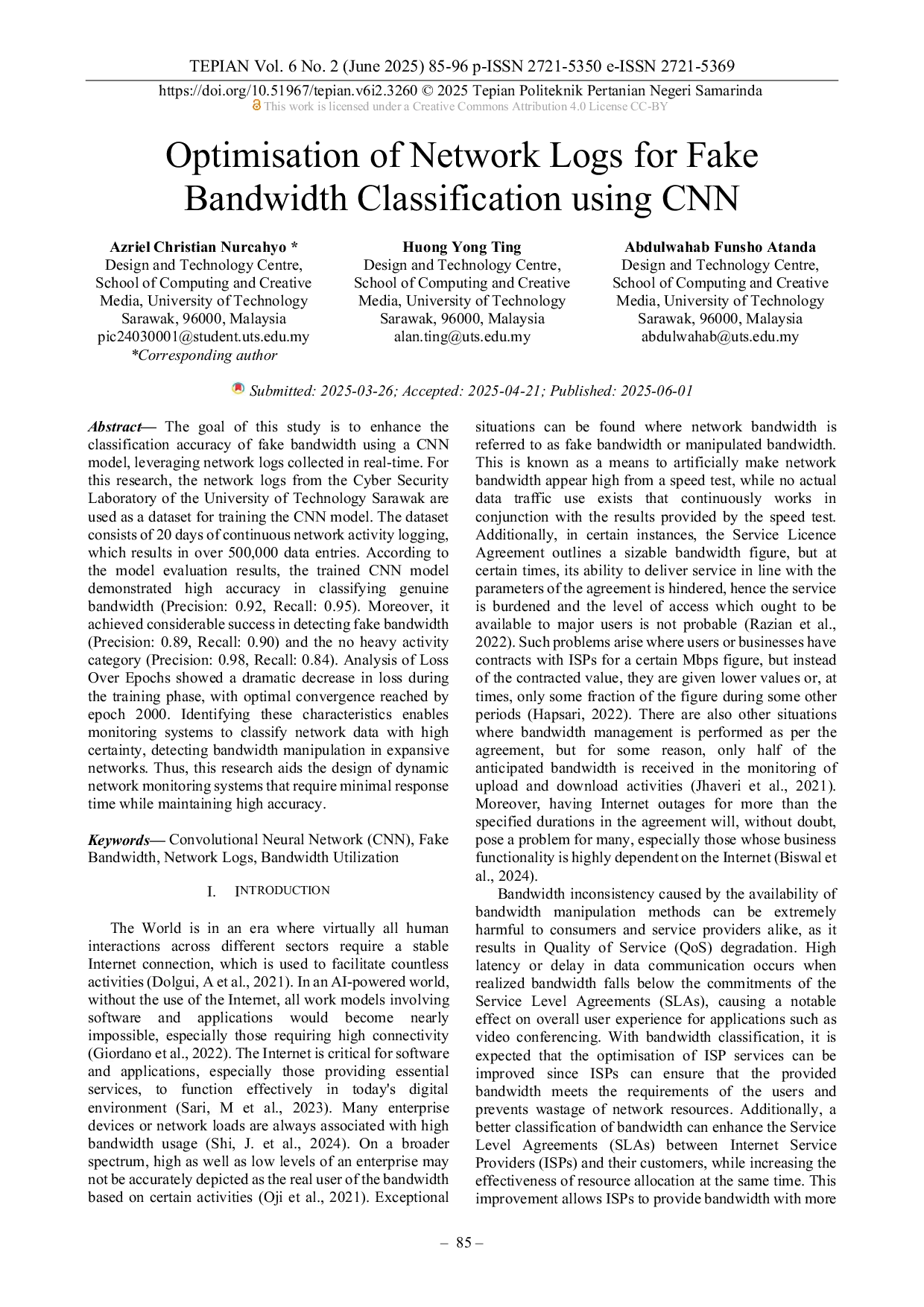 JURIS Optimisation of Network Logs for Fake Bandwidth Classification using CNN