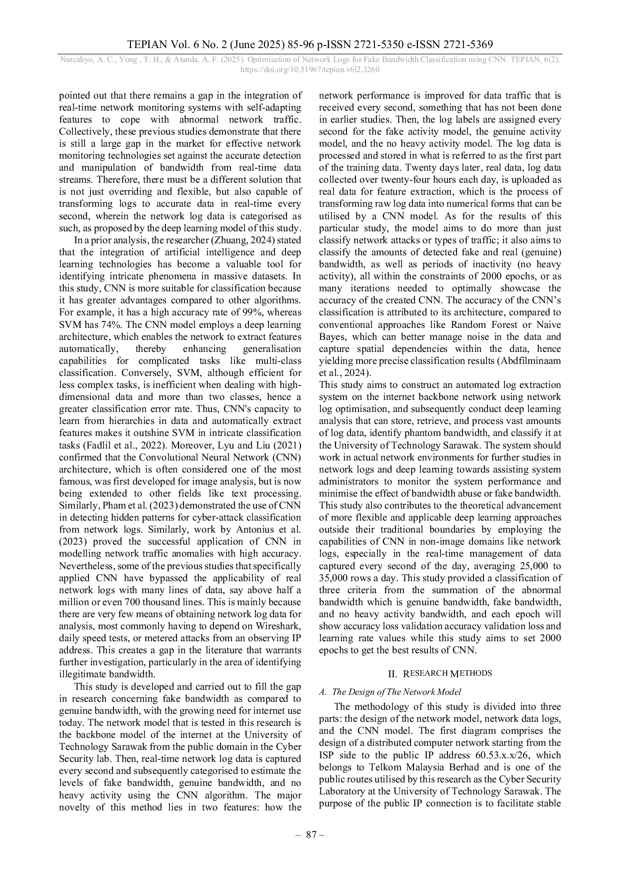 JURIS Optimisation of Network Logs for Fake Bandwidth Classification using CNN