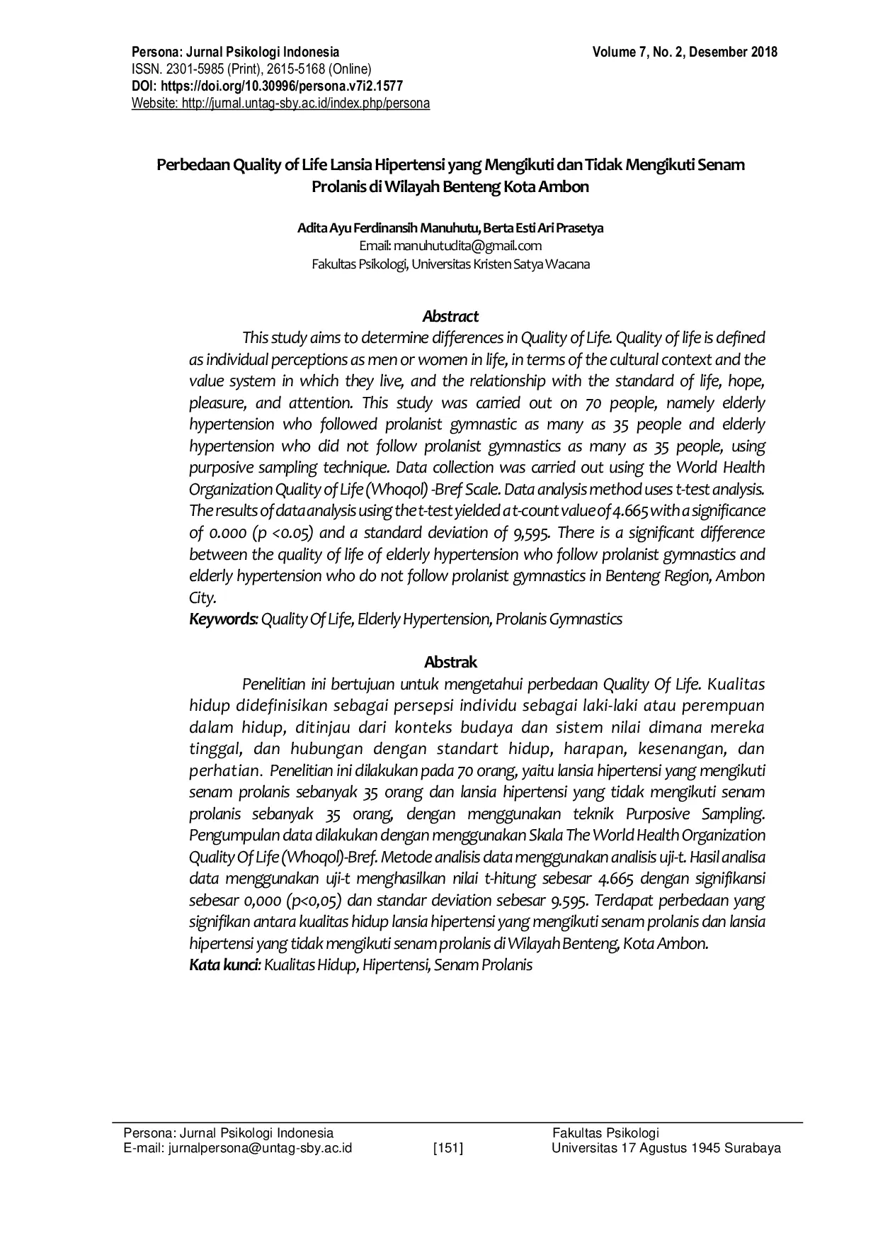 JURIS Perbedaan Quality of Life Lansia Hipertensi yang Mengikuti dan Tidak Mengikuti Senam Prolanis di Wilayah Benteng Kota Ambon