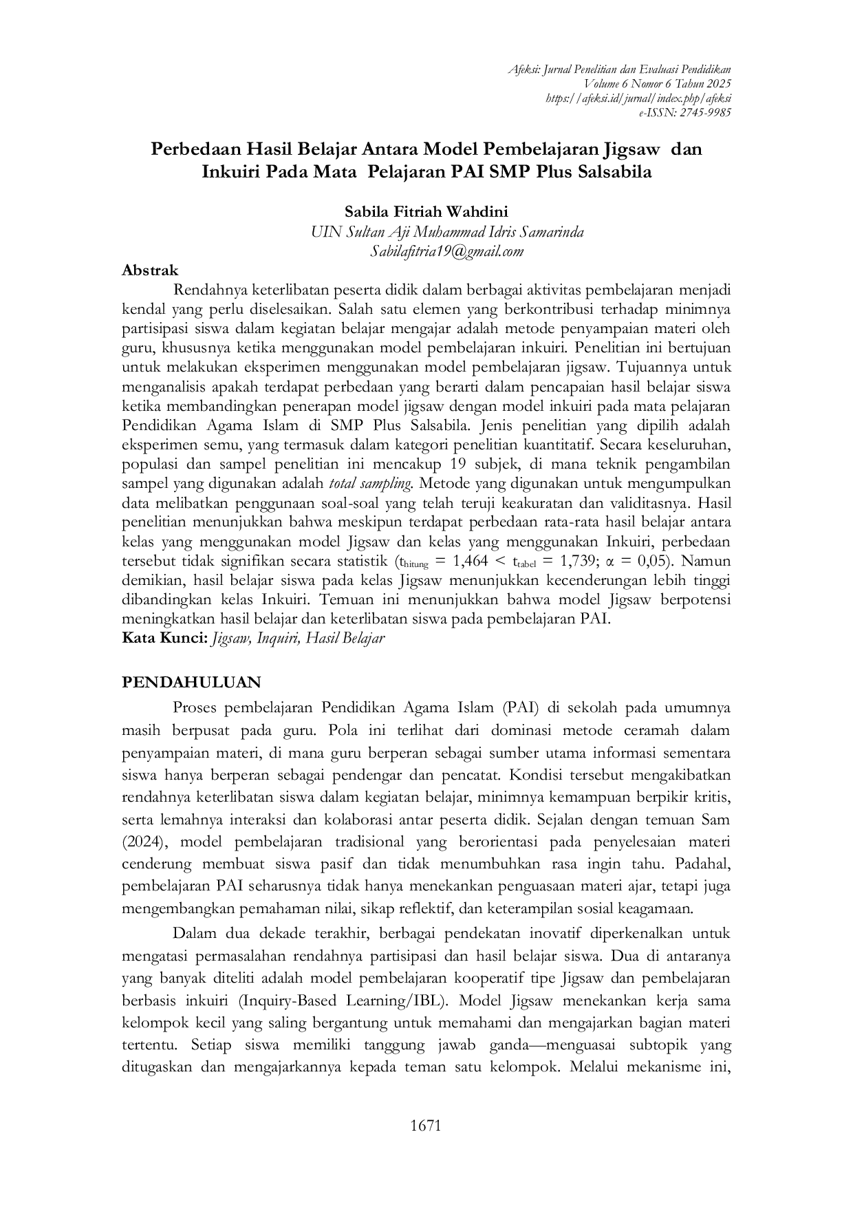 JURIS Perbedaan Hasil Belajar Antara Model Pembelajaran Jigsaw dan Inkuiri Pada Mata Pelajaran PAI SMP Plus Salsabila