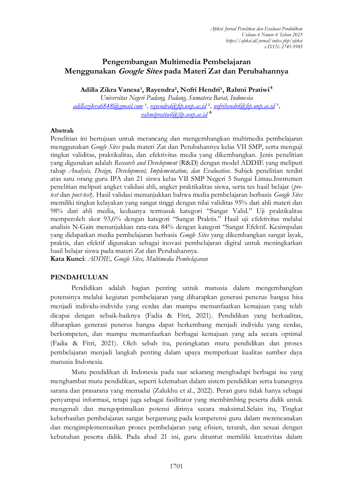 JURIS Pengembangan Multimedia Pembelajaran Menggunakan Google Sites pada Materi Zat dan Perubahannya