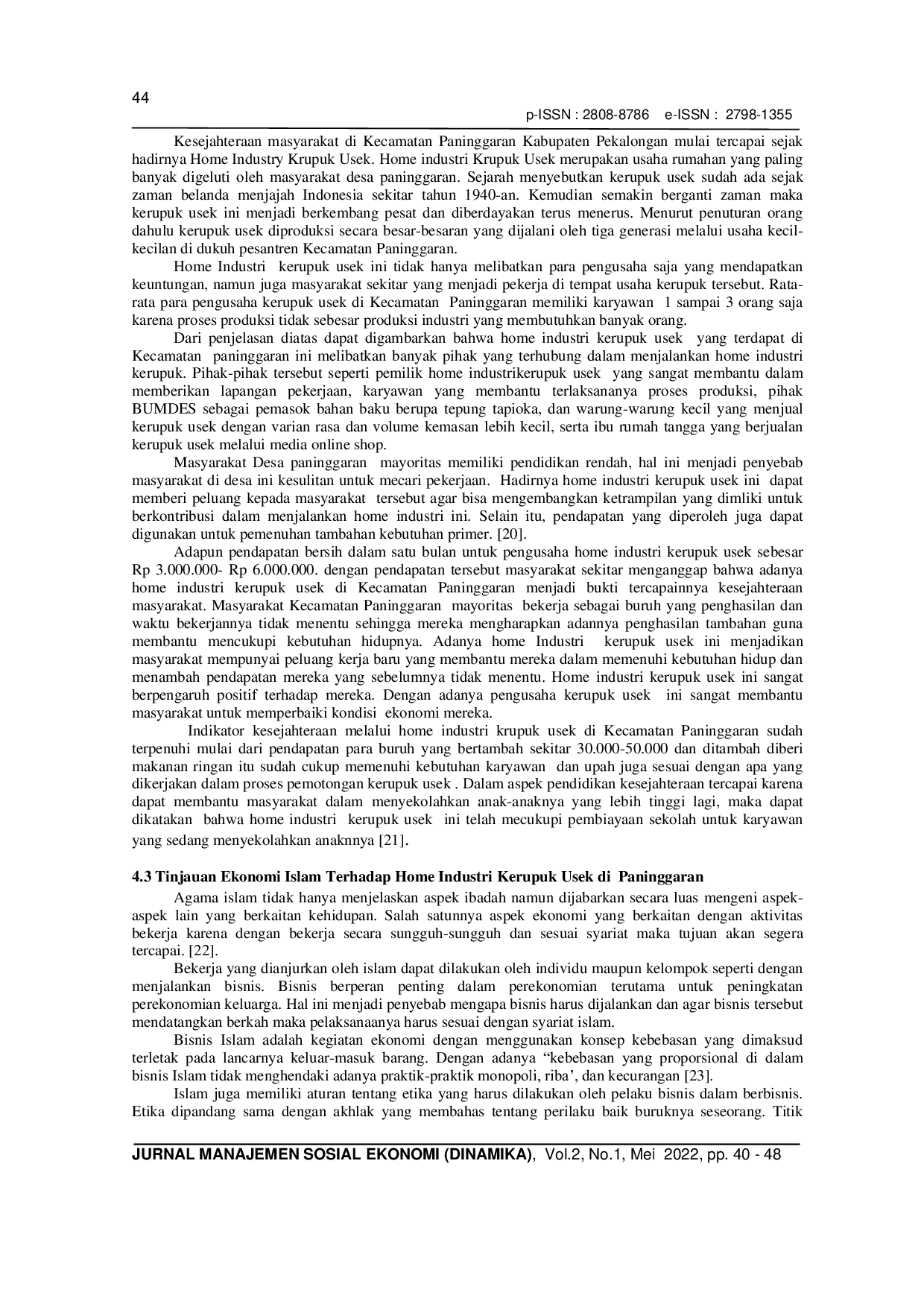 JURIS Analisis Kesejahteraan Entrepreneur Muslim Berbasis Home Industry Kerupuk Usek di Kecamatan Paninggaran Kabupaten Pekalongan