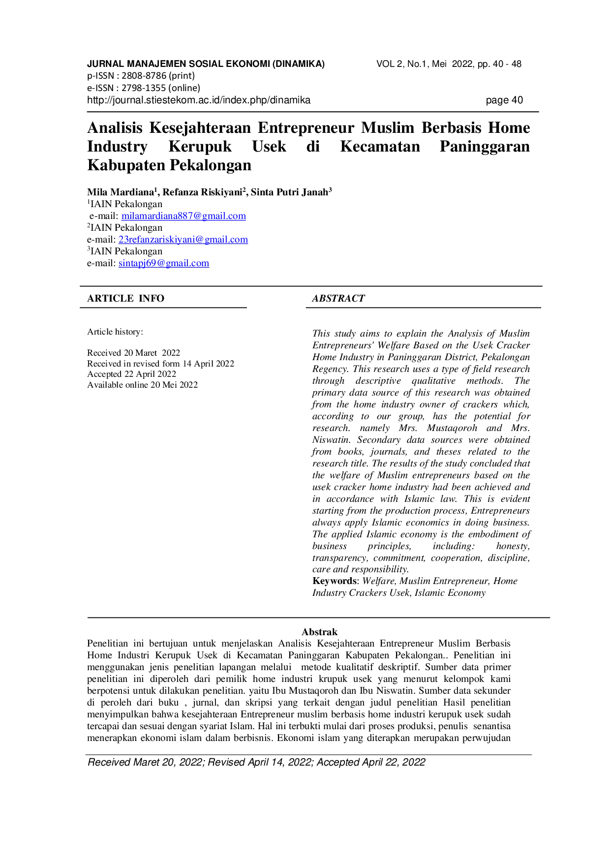 JURIS Analisis Kesejahteraan Entrepreneur Muslim Berbasis Home Industry Kerupuk Usek di Kecamatan Paninggaran Kabupaten Pekalongan