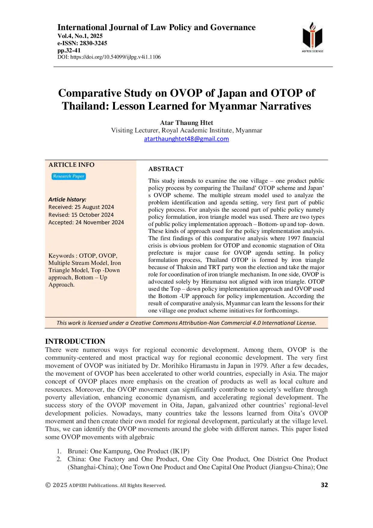 JURIS Comparative Study on OVOP of Japan and OTOP of Thailand Lesson Learned for Myanmar Narratives