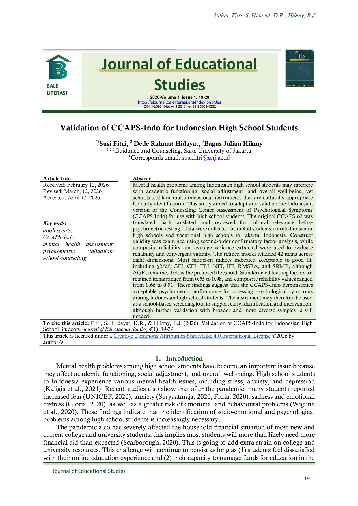 JURIS Validation of CCAPS Indo for Indonesian High School Students