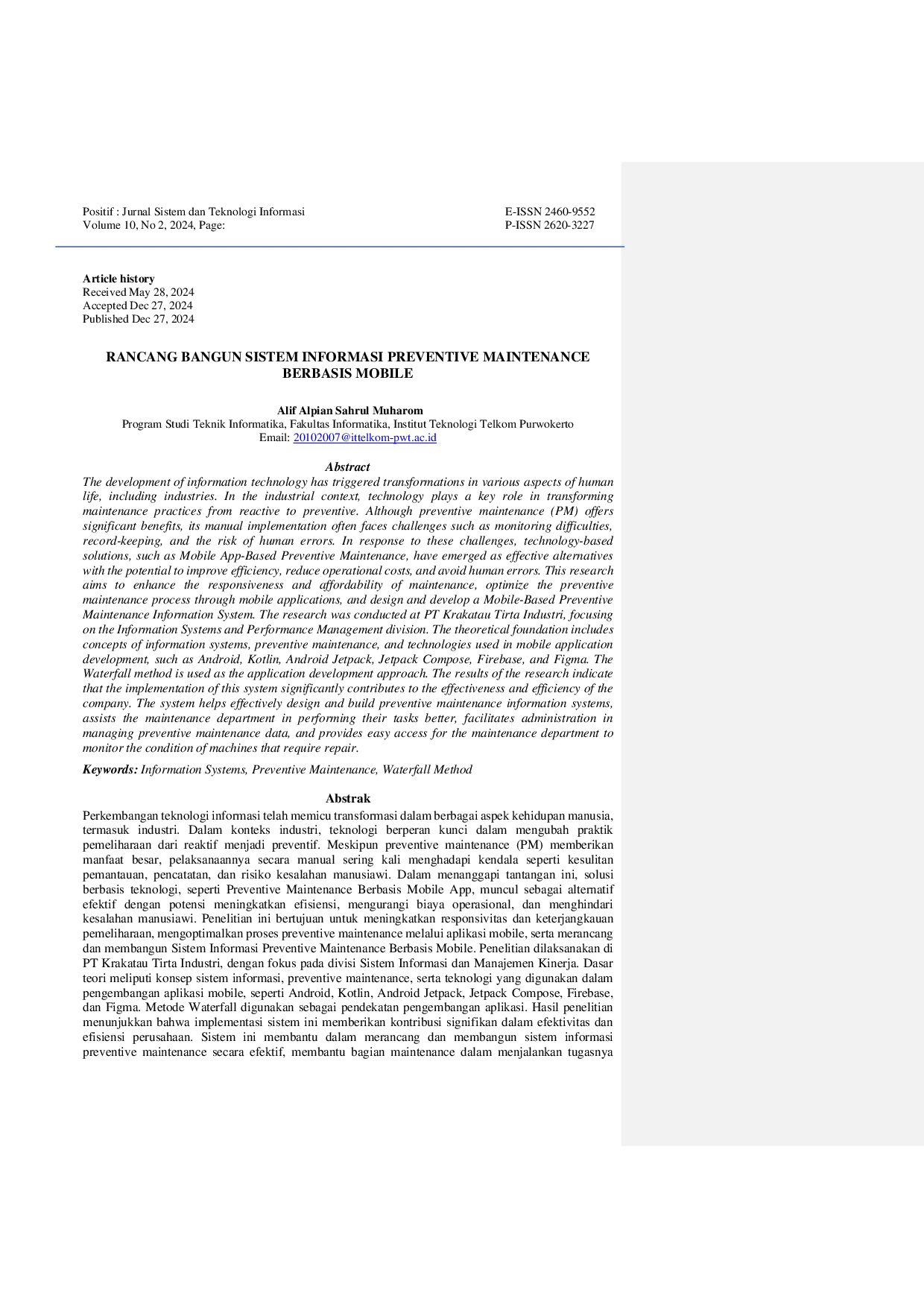 JURIS Design and Development of a Mobile Based Preventive Maintenance Information System