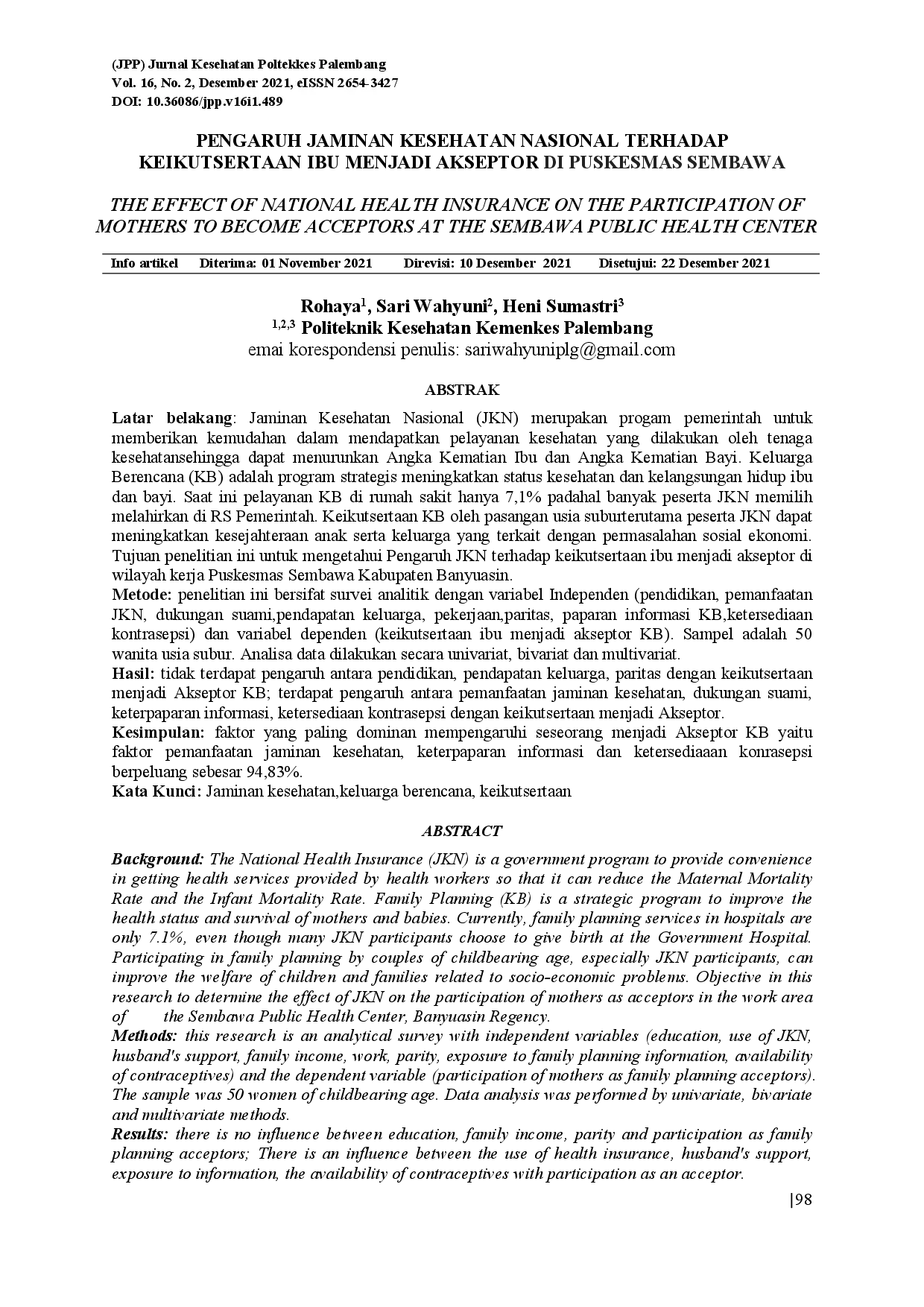 juris Pengaruh Jaminan Kesehatan Nasional Terhadap Keikutsertaan Ibu Menjadi Akseptor Di Puskesmas Sembawa